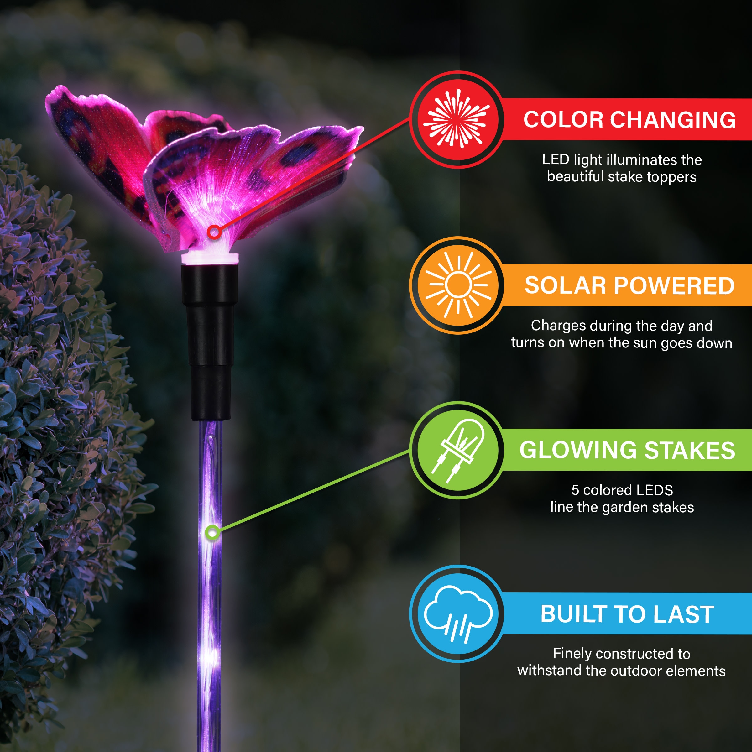 Solar Fiber Optic Butterfly Garden Stakes with Color-Changing LEDs