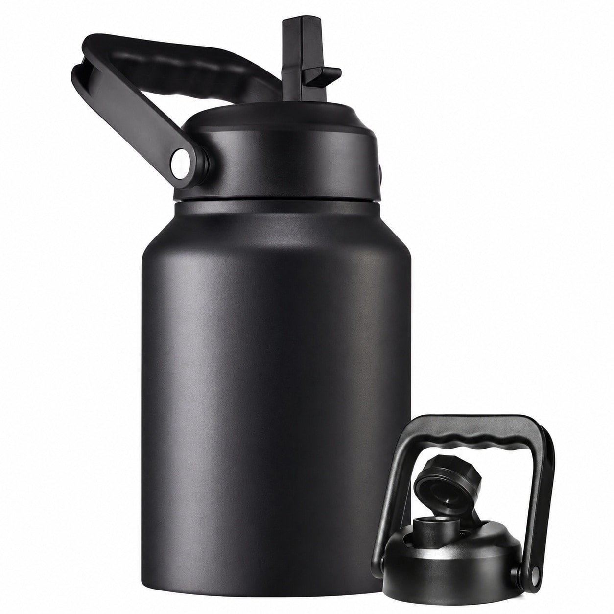 Etokfoks  64 oz Black Stainless Steel Double Wall Insulated Water Bottle with Handle and 2 Lids Sports Bottle