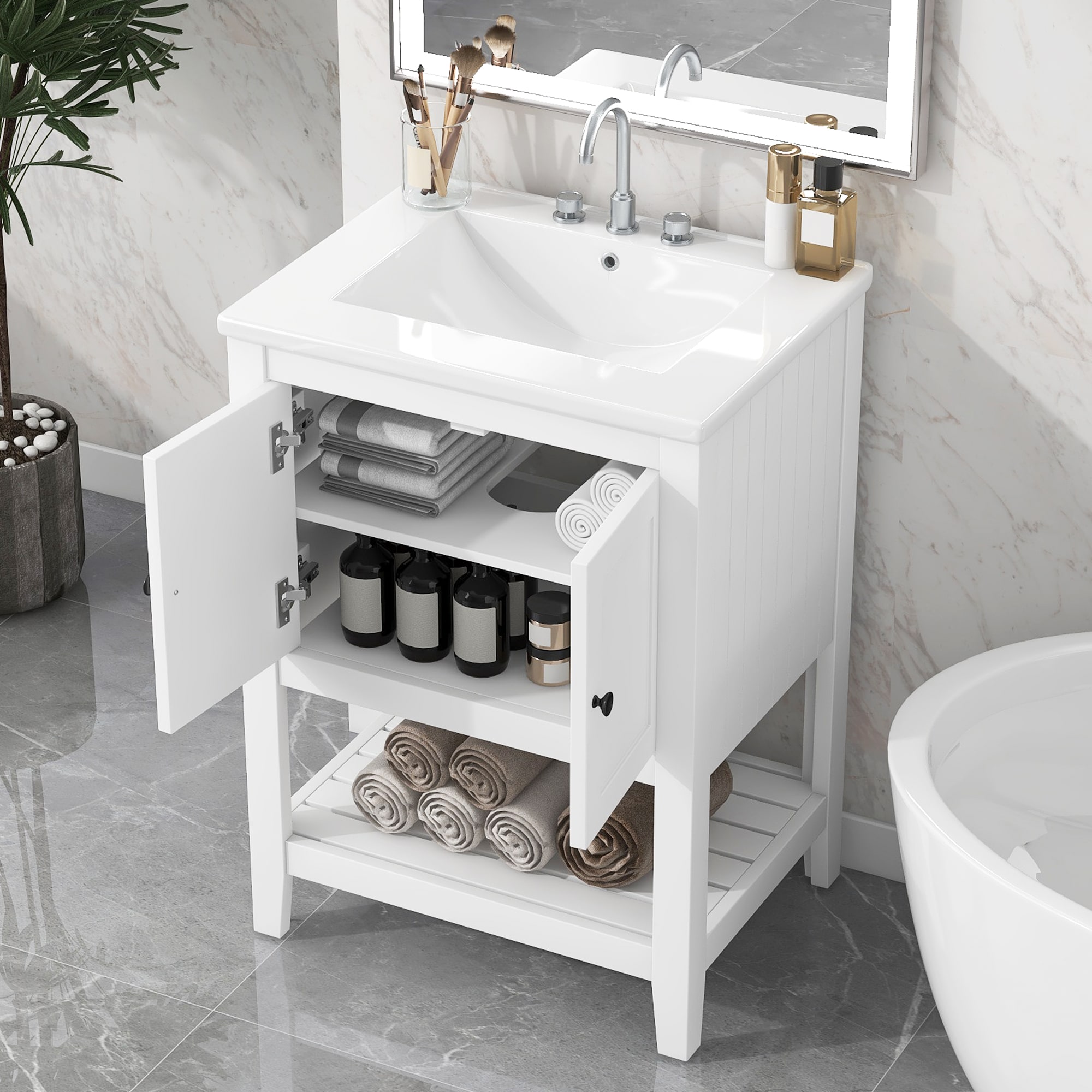 Tatayosi - 24Inches White Modern Sleek Bathroom Vanity Elegant Ceramic Sink with Solid Wood Frame...
