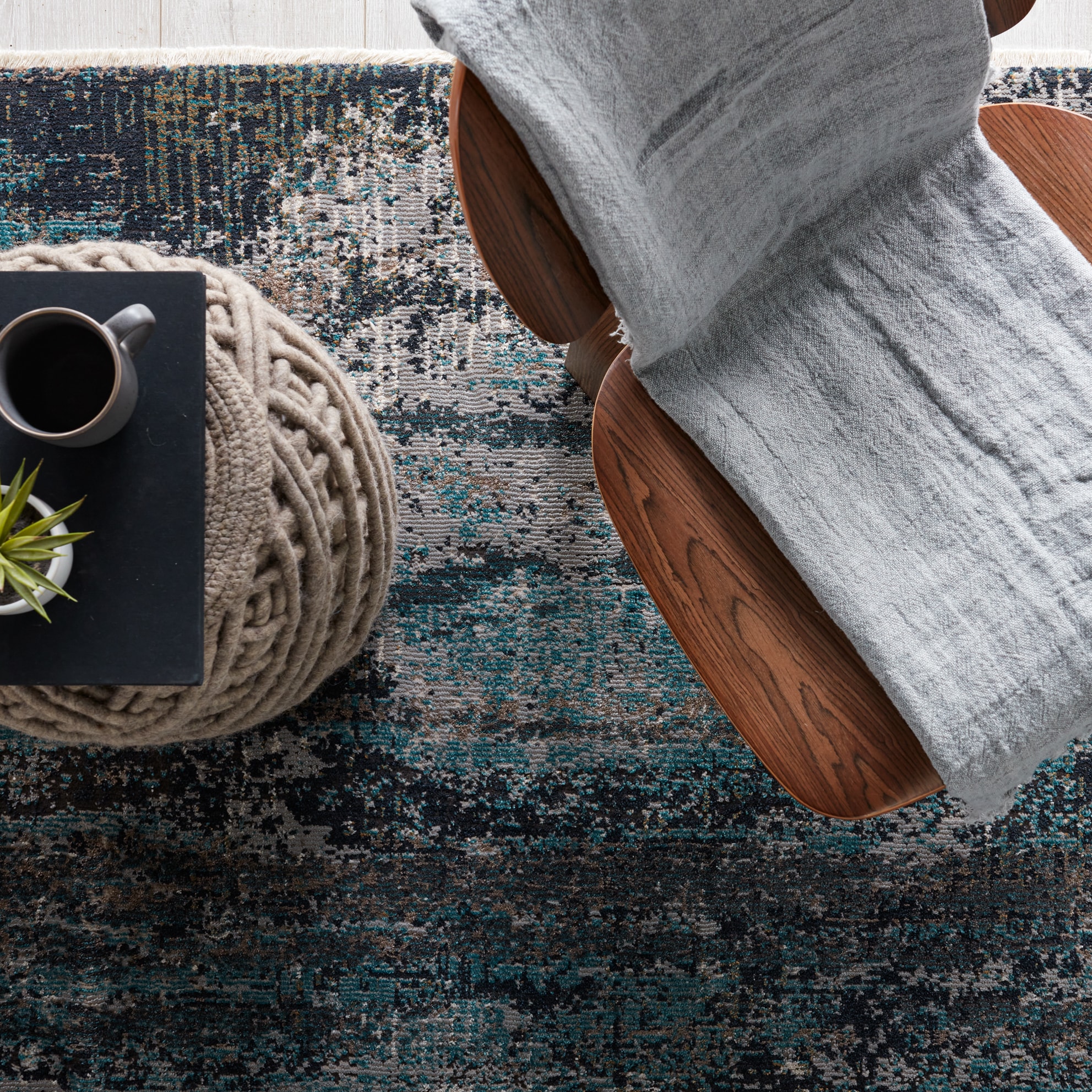 Myriad Aubra Abstract Fringe 3x12 Gray and Teal Area Rug