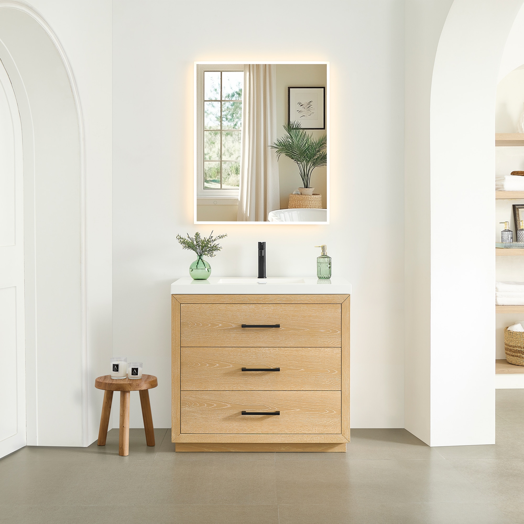 Altair 579036-WO-WH Sigrid 36-in White Oak Single Sink Bathroom Vanity with White Engineered Stone Top (Mirror Included)