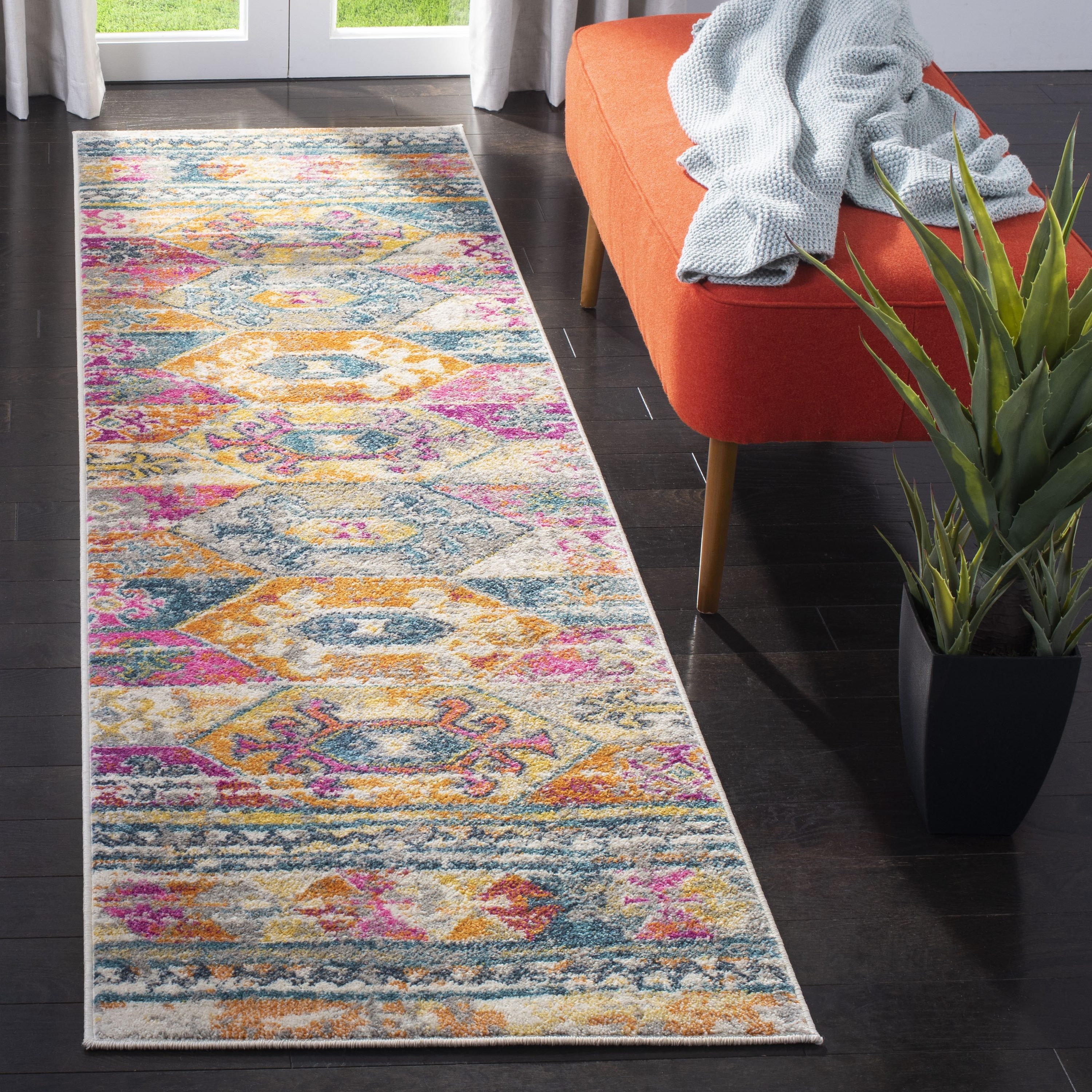 Blue and Fuchsia Synthetic Washable Reversible Runner Rug