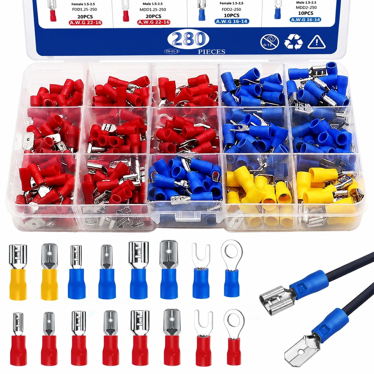 Afoxsos 280 Piece 16 Types Spade Connector Crimp Connectors 2.8mm 4.8mm 6.3mm Male Female Fork Ring Wire Connectors Kit durable #LAF0823FA0476