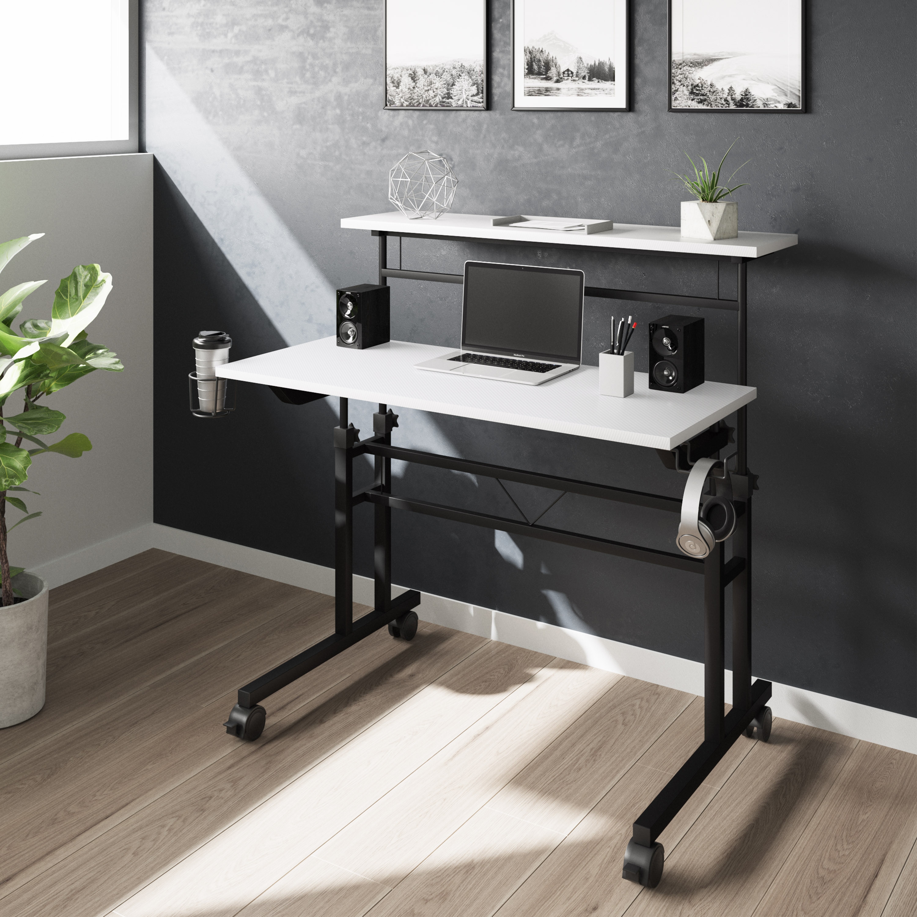 LOVMOR SF-R-RTA-3800SU-WHT Rolling Writing Desk with Height Adjustable Desktop and Moveable Shelf White
