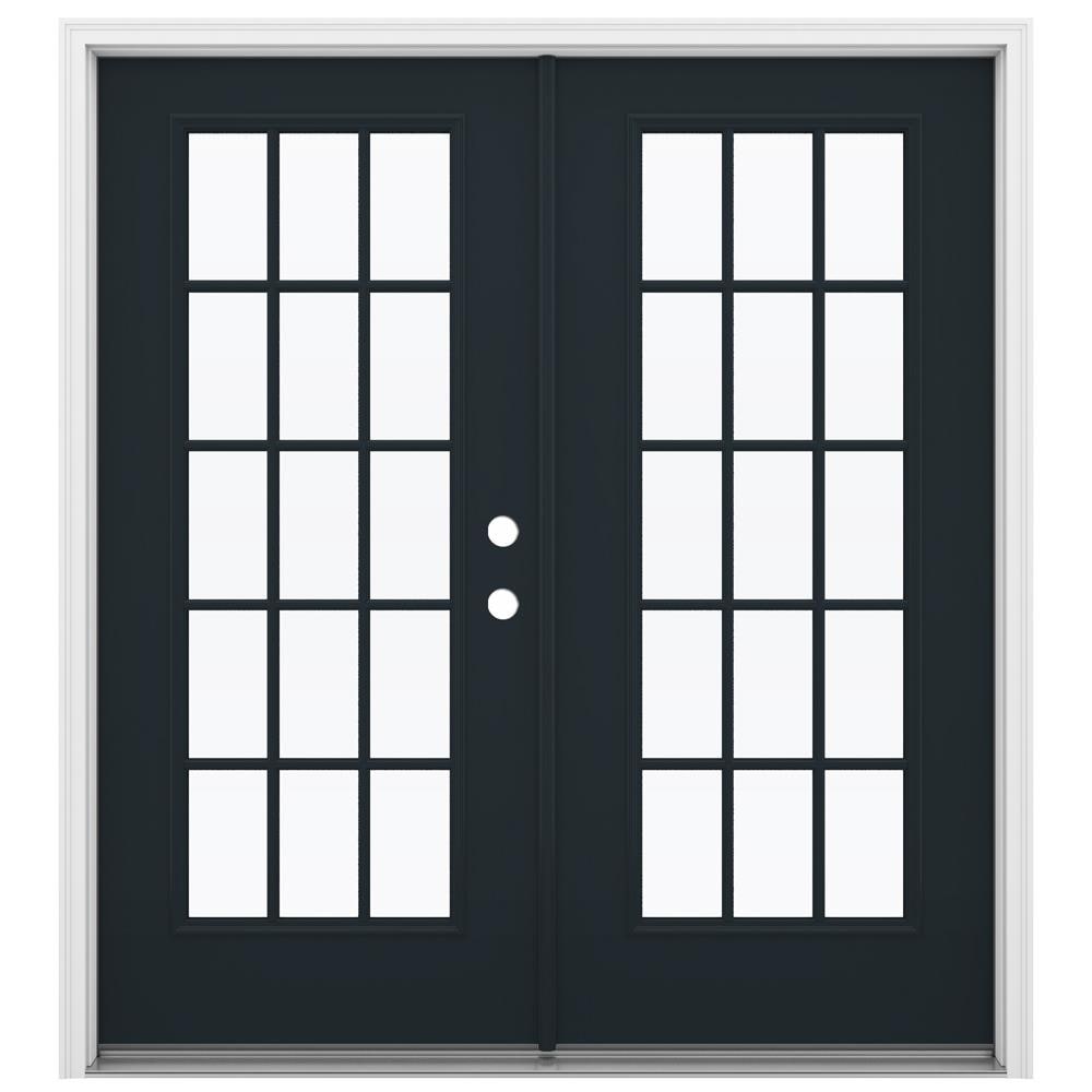 JELD-WEN LOWOLJW238700059 60-in x 80-in x 4-9/16-in Jamb Low-E Grilles between the glass , Black Steel Left-hand inswing French Double Patio Door Brickmould Included