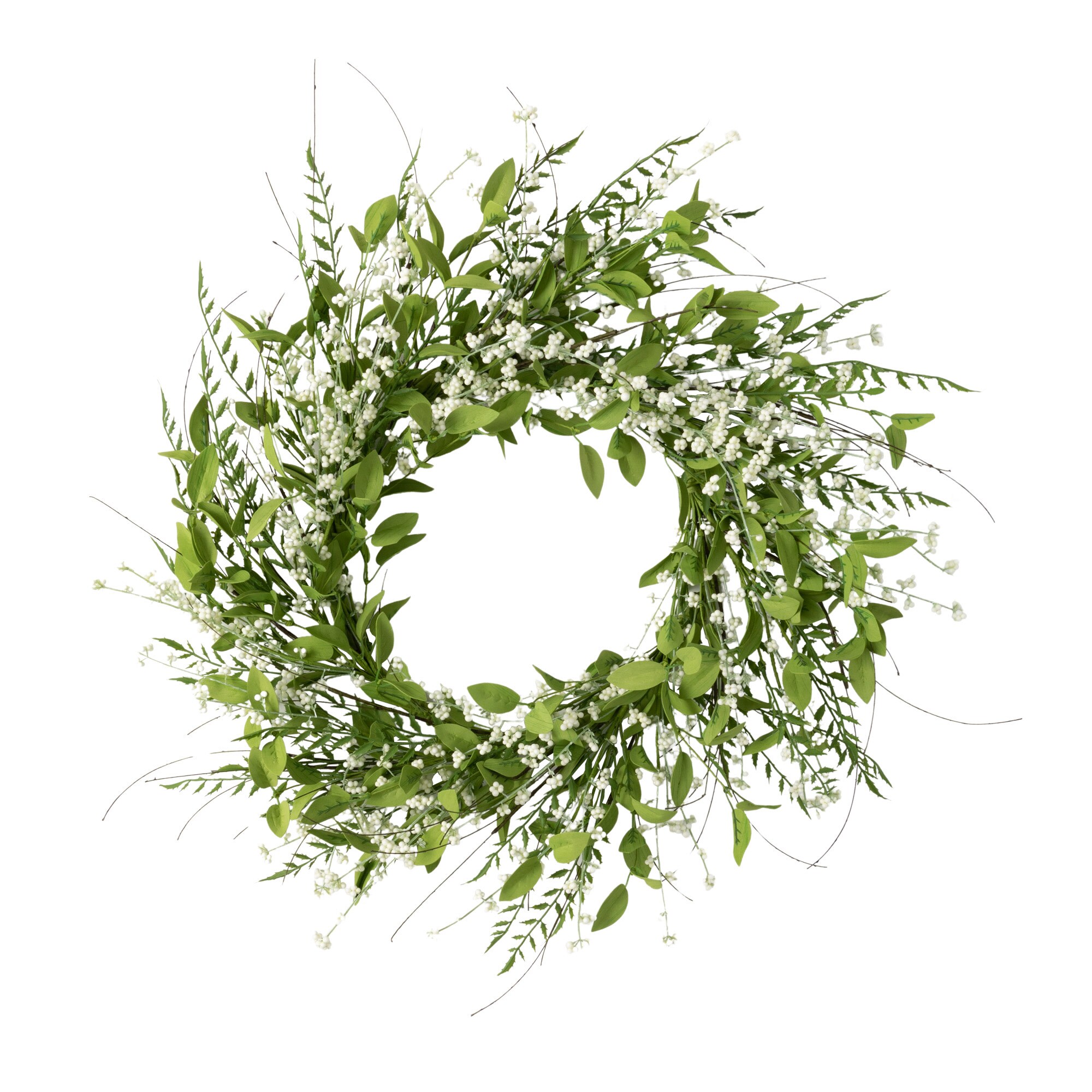 28" Green and White Artificial Leaf and Berry Spring Wreath