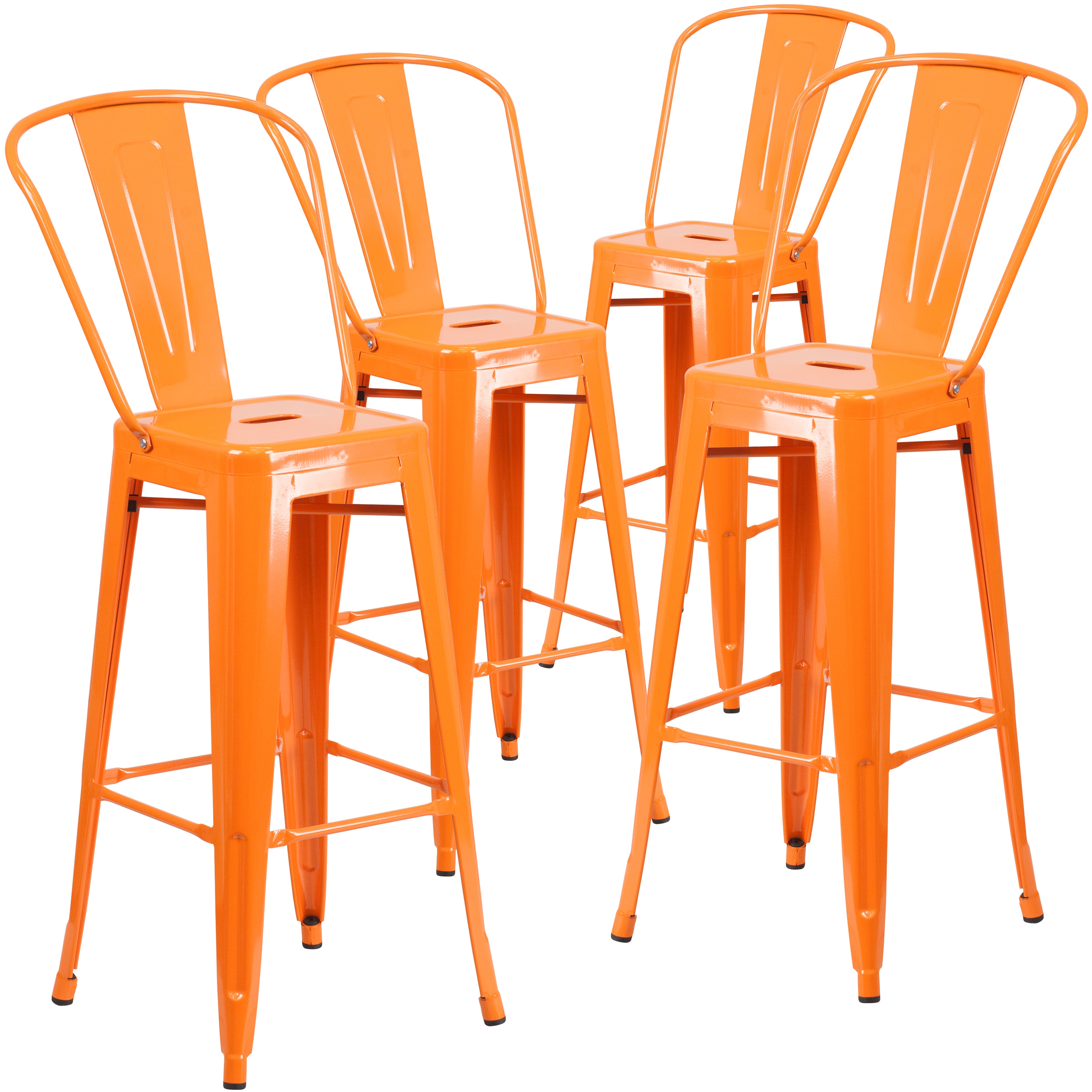 Emma + Oliver 889142930365 4 Pack 30-in High Orange Metal Indoor-Outdoor Barstool with Back - Kitchen Furniture