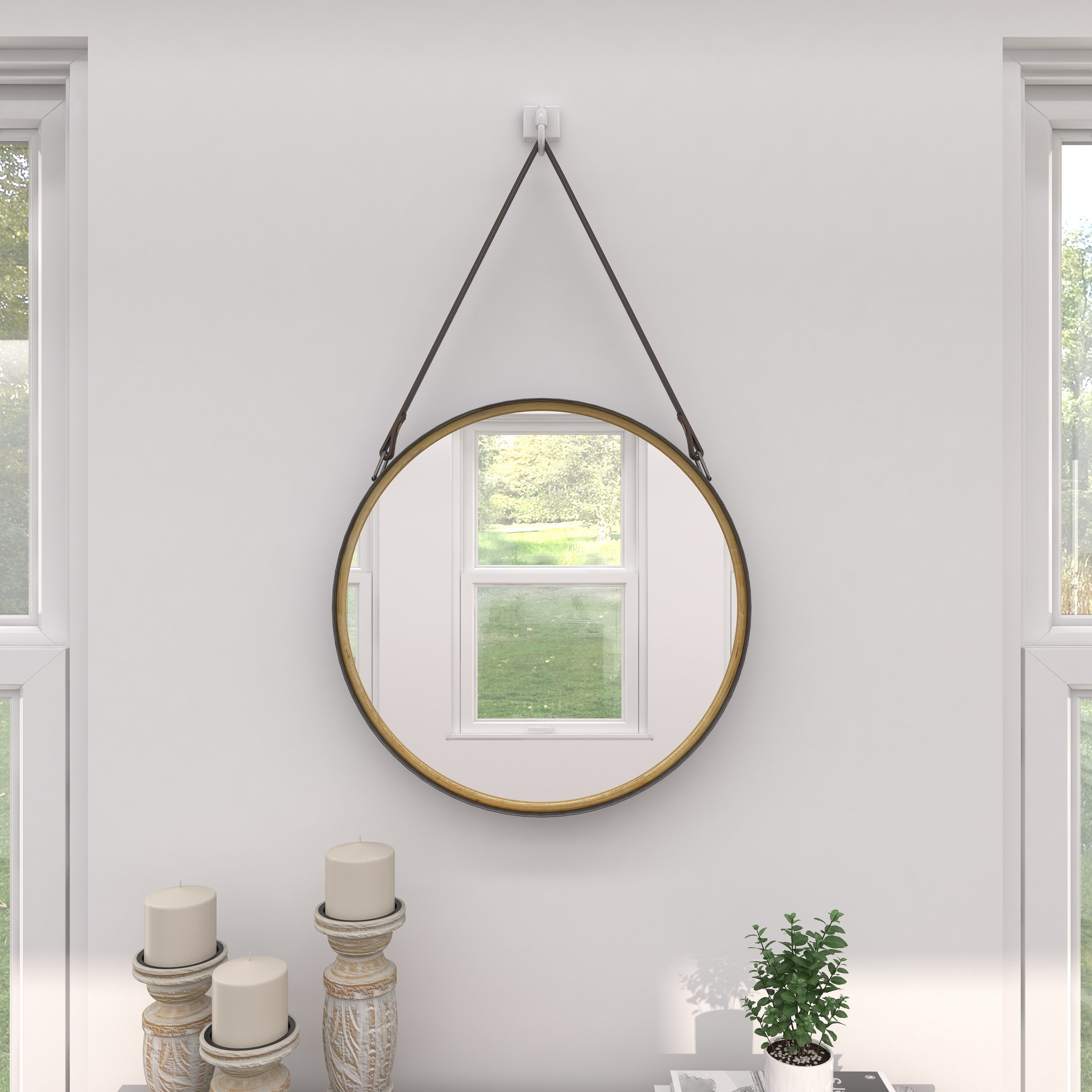 Contemporary Round Gold Metal Mirror with Leather Hang Strap