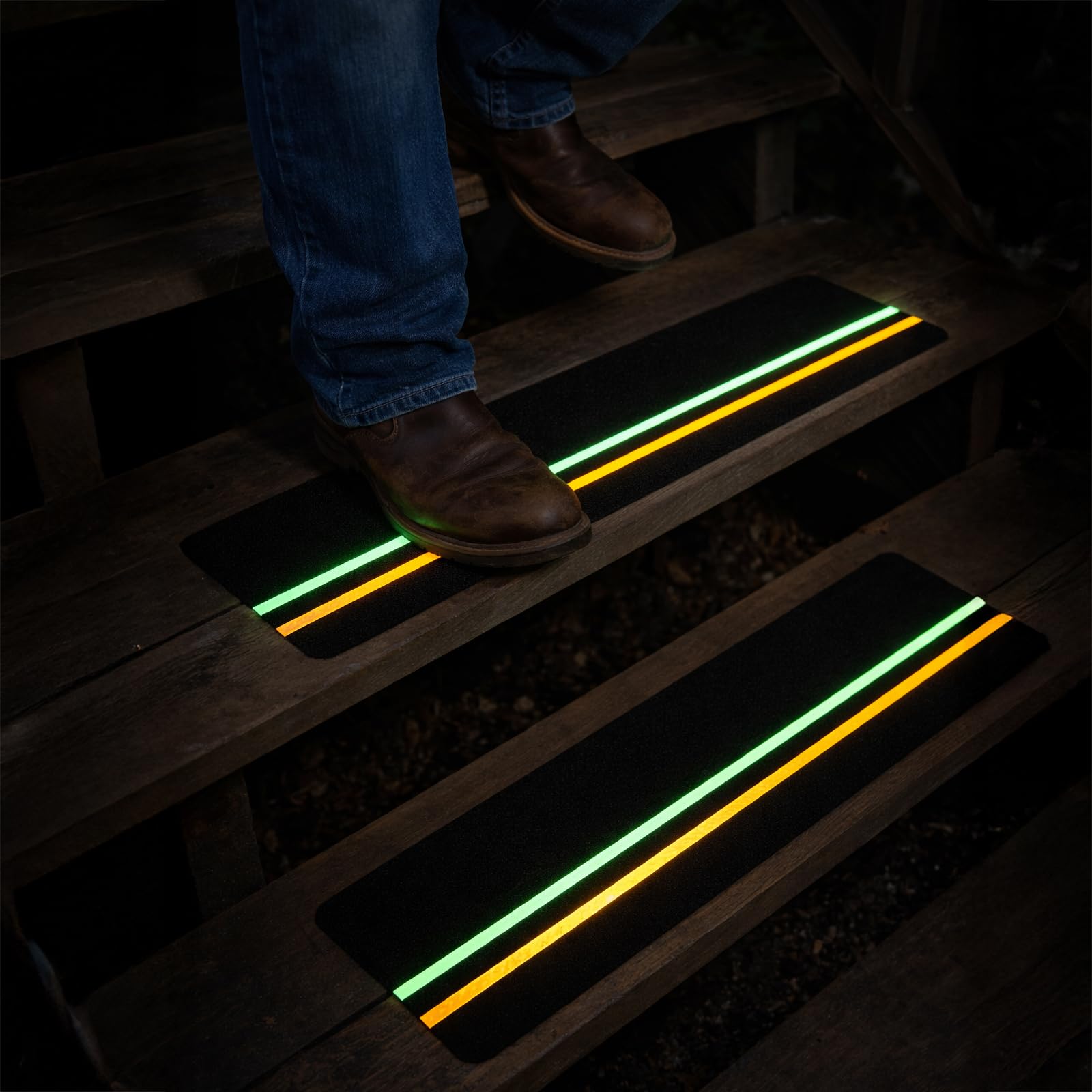 Phyfalip  10 Pack Outdoor Stair Treads Non Slip with Reflective and Glow in the Dark Strips Pre Cut Six Inch by Twenty Four Inch Heavy Duty Anti