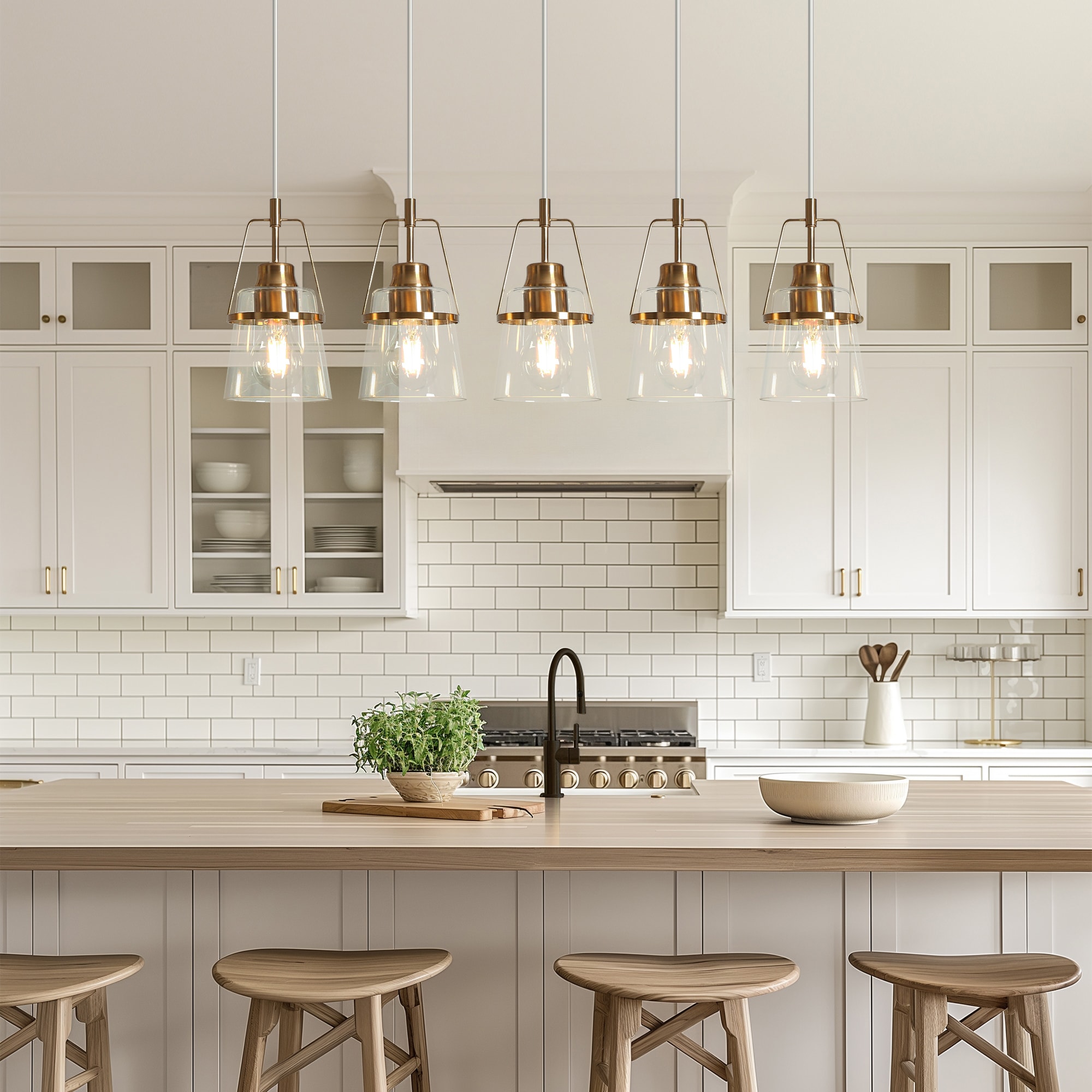 LNC LJRVQYI54P5E8C Dendrophyllia 5 -Light Polished Gold and Clear Glass Modern/contemporary Clear glass Linear Large Hanging Kitchen island light