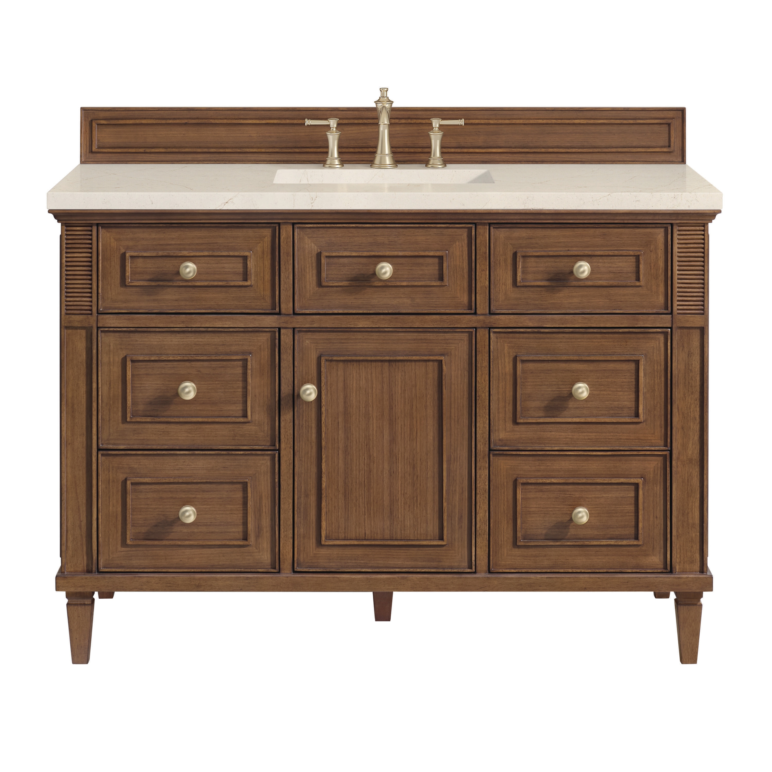 James Martin Vanities 424-V48-WLT-3EMR Lorelai 48-in Mid-century Walnut Undermount Single Sink Bathroom Vanity with Eternal Marfil Quartz Top