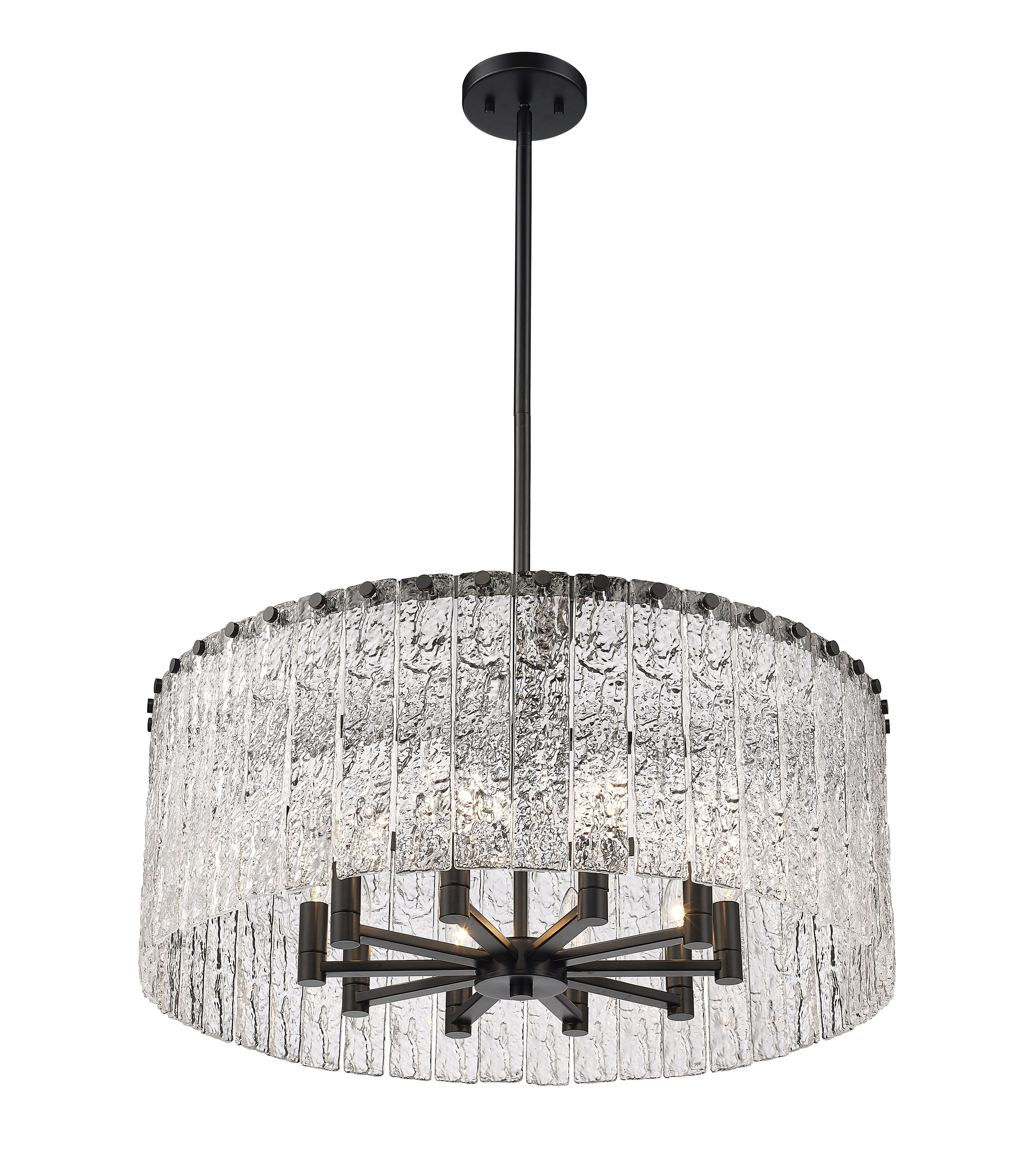 Glacier Matte Black 10-Light Drum Pendant with Textured Glass Panels