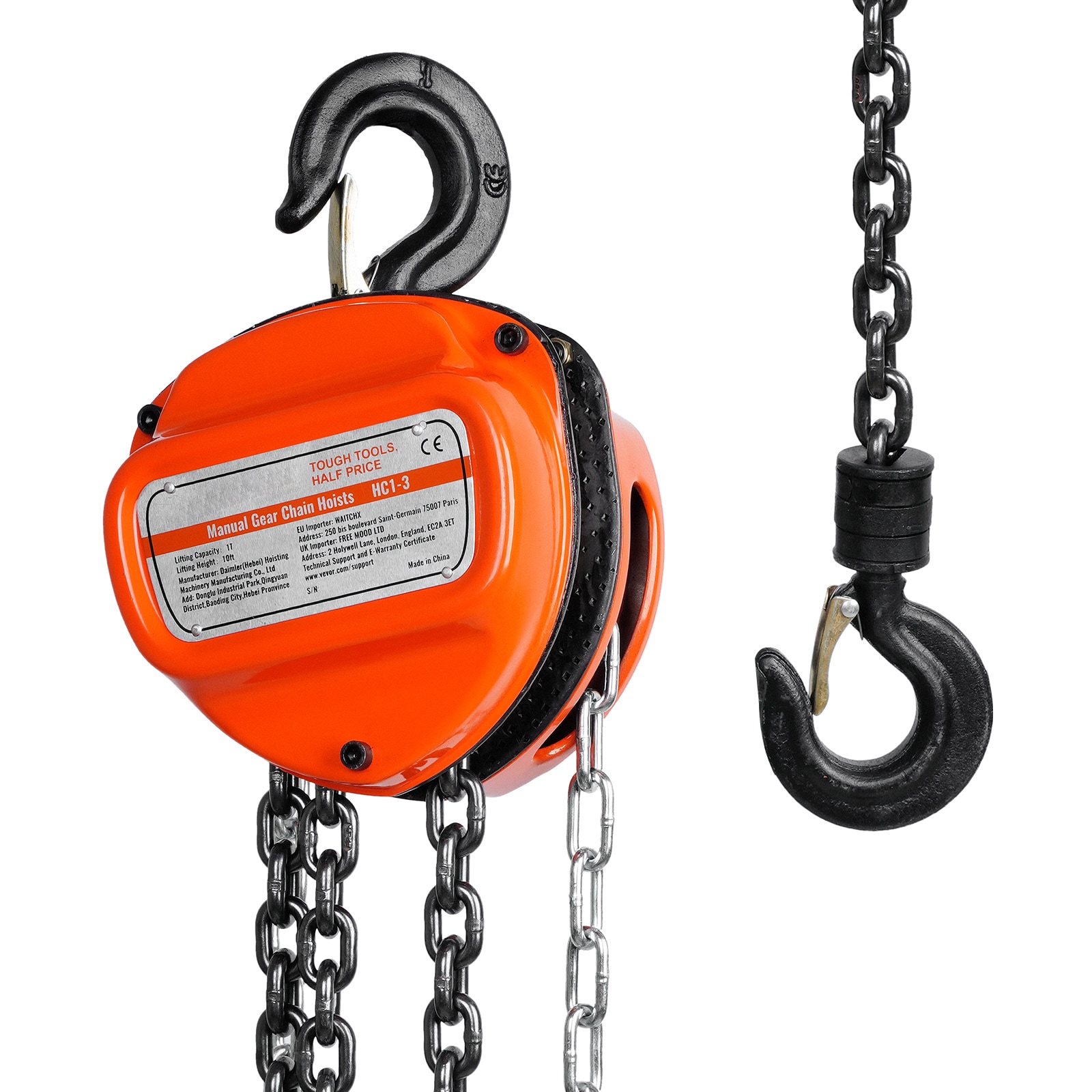 SVOPES Hand chain hoist 1 ton 2200 lb. capacity 10 ft. long G80 zinc-plated carbon steel with double pawl brake automatic chain guide and 360° swivel hook #SVOPESSJXSLHL04563V0