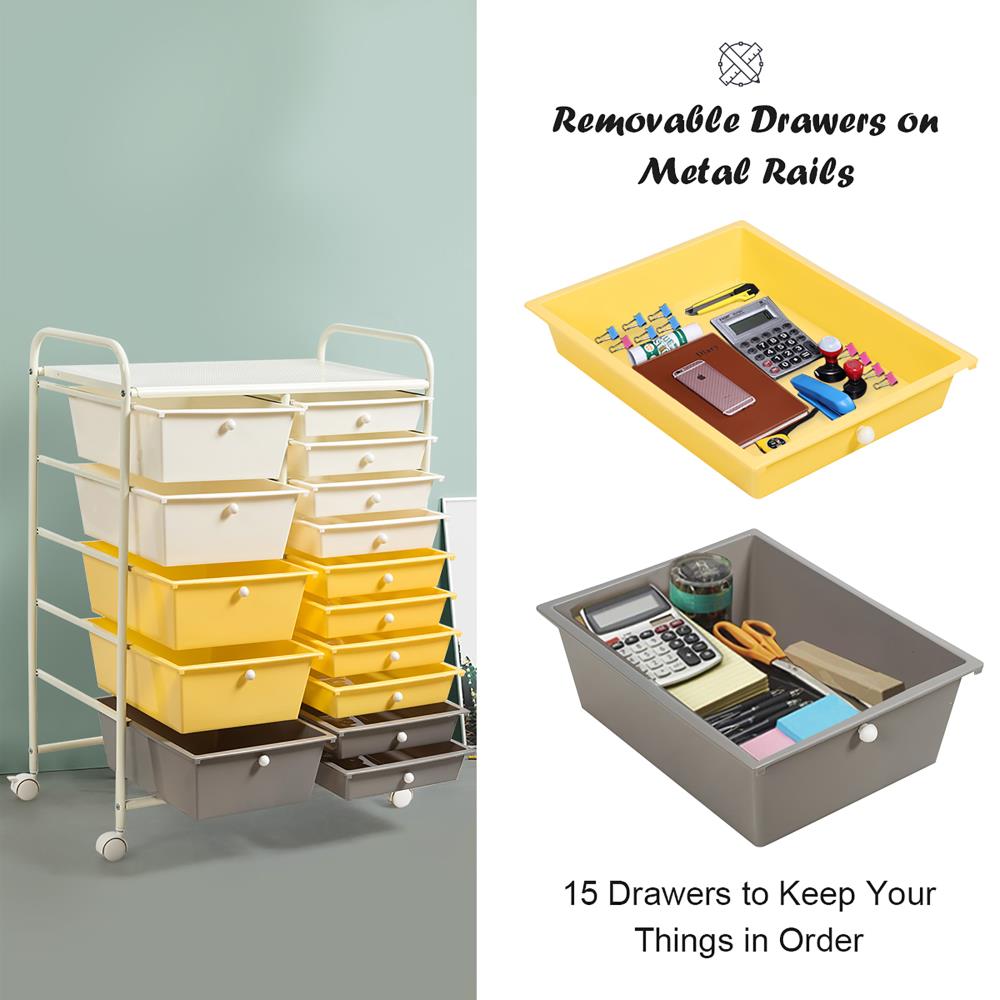 Costway 15 Drawer Rolling Storage Cart Tools Scrapbook Cosmetics Paper Organizer Clear