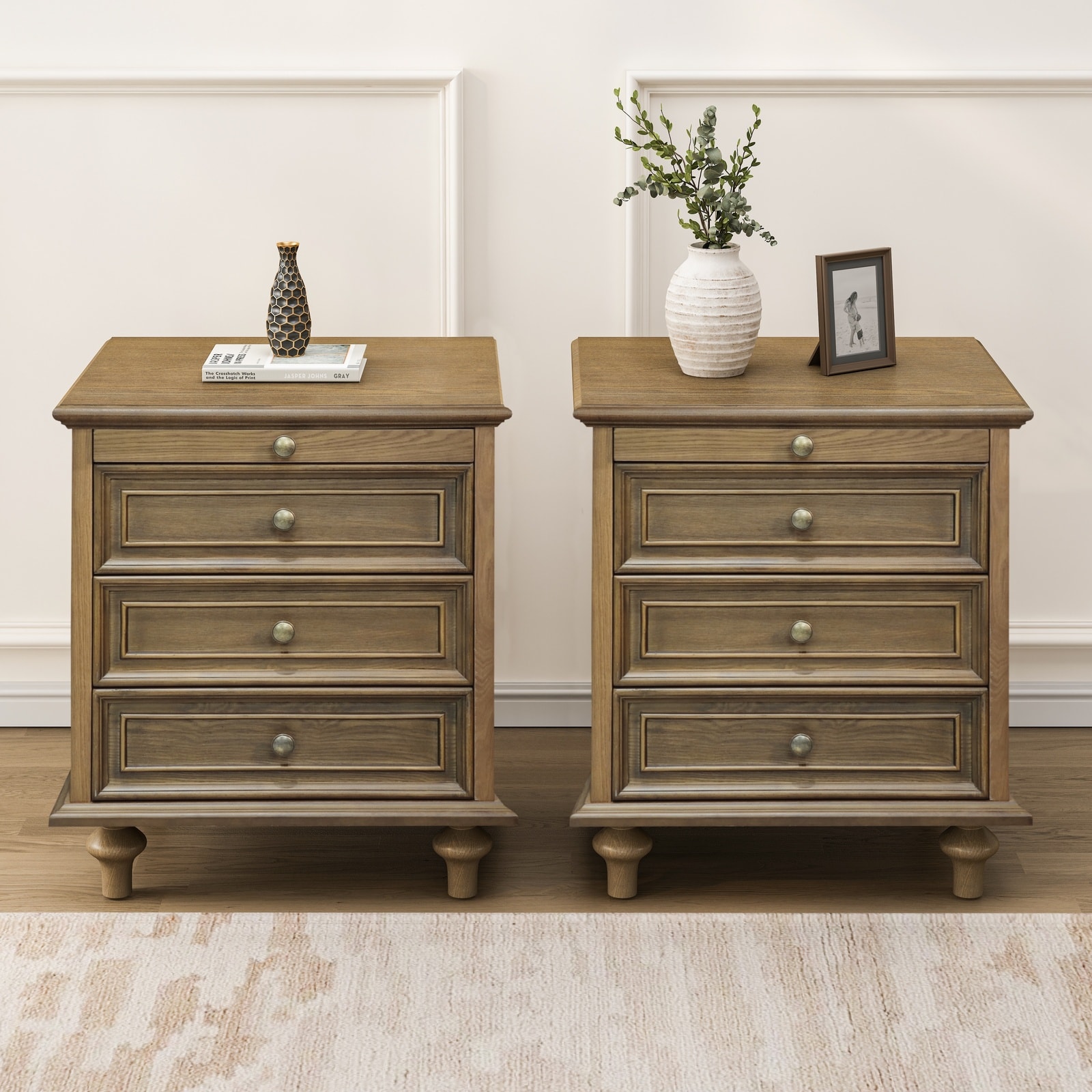 Horizons Prime - Light Brown Pine Wood and Ash Wood Farmhouse Nightstands Set of 2 with 4 Drawers...