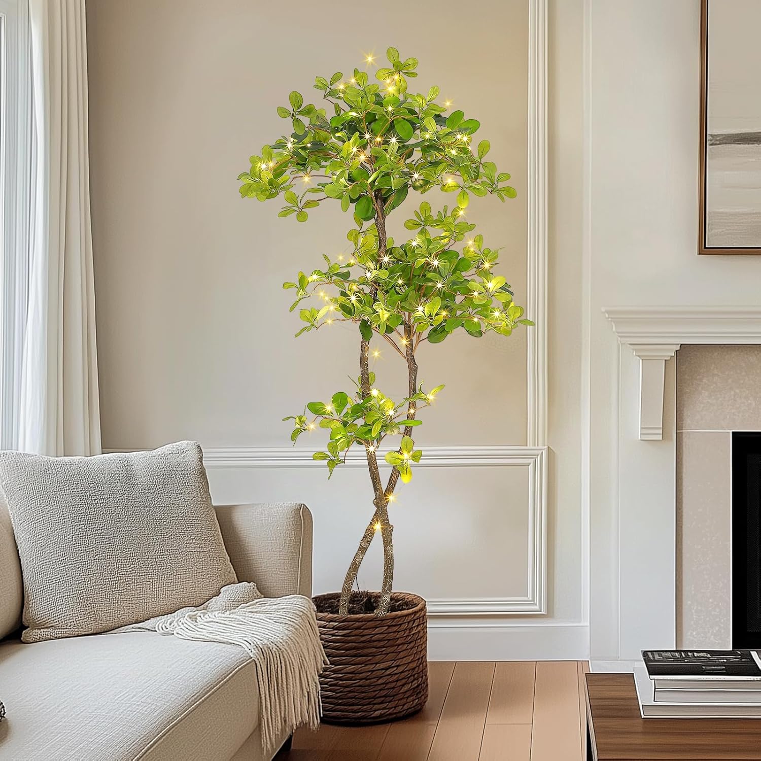 Qeetex LHF-GN-QWP89049 Artificial Plants Indoor 5FT Fake Black Olive Tree with 50 LED Lights Tall Fake Plants in Plastic Nursery Pot Fake Tree Artificial Trees for Home Decor Office Living Room