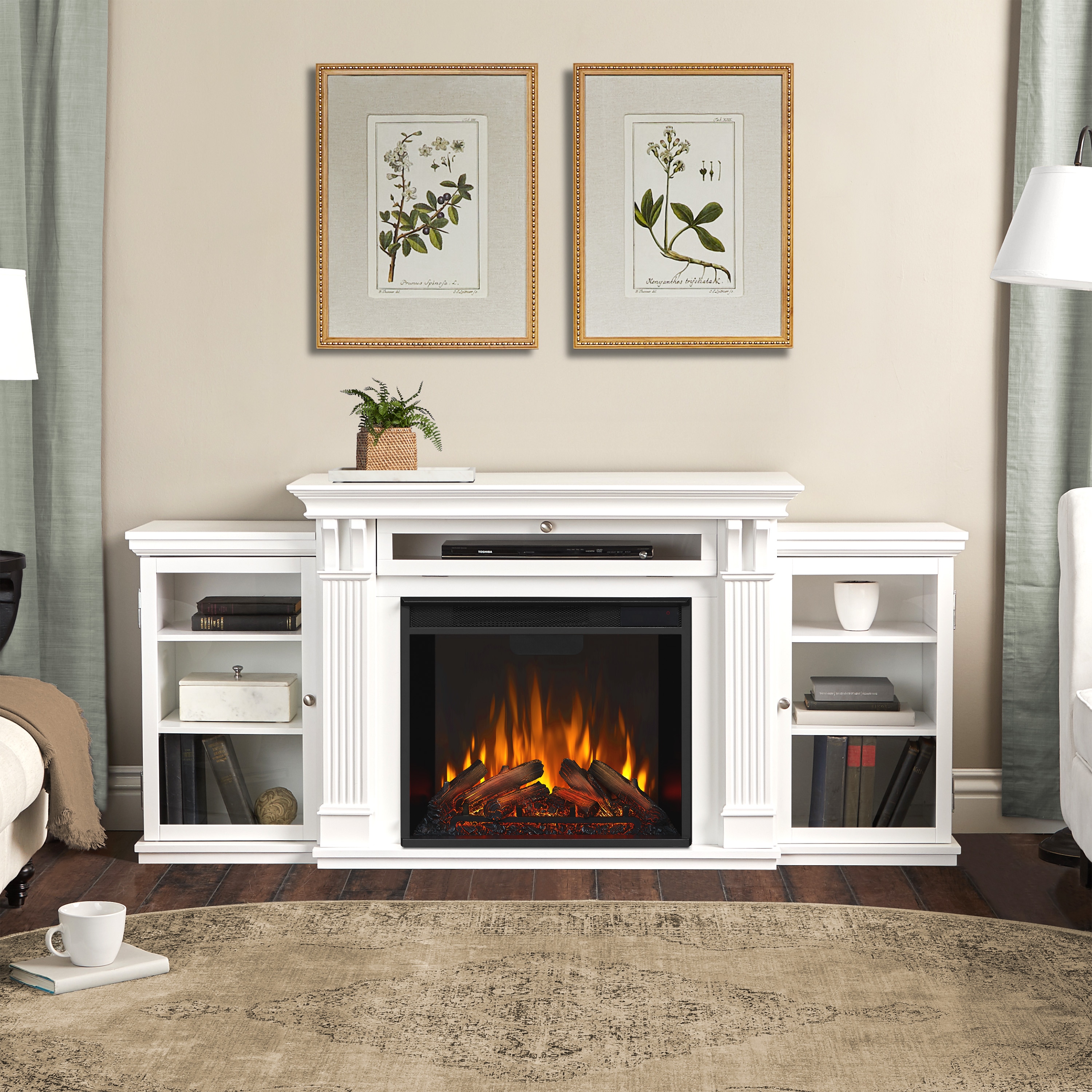 Real Flame 7720E-W 67-in W White TV Stand with Fan-forced Flat wall Electric Fireplace with Remote Control Included