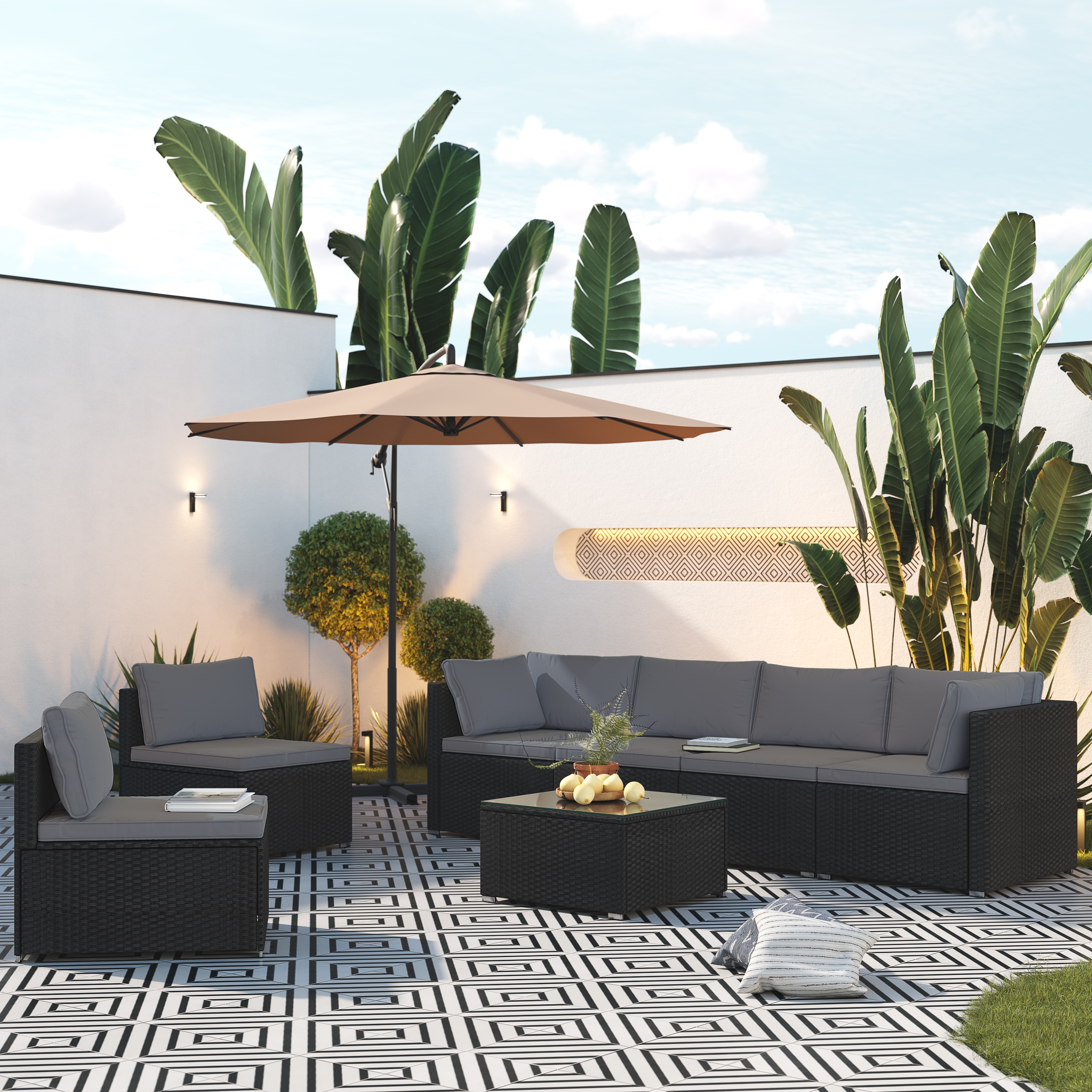 Zeus & Ruta BL02PA-11 Patio Sectional Sofa Conversation Set Outdoor Sectional with Gray Cushions and Steel Frame