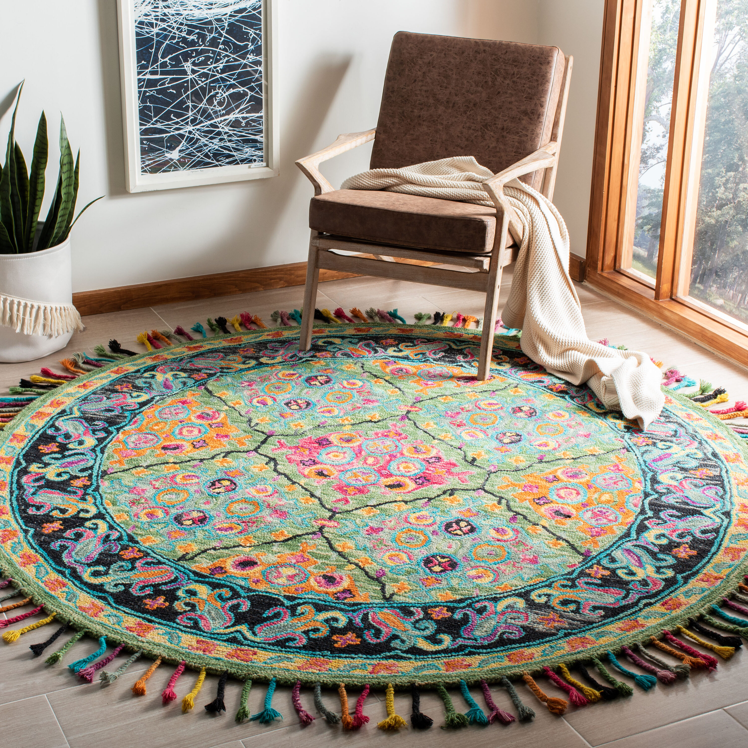Safavieh - Aspen 114 Light Green/Black Bohemian 7ft x 7ft Round Rug