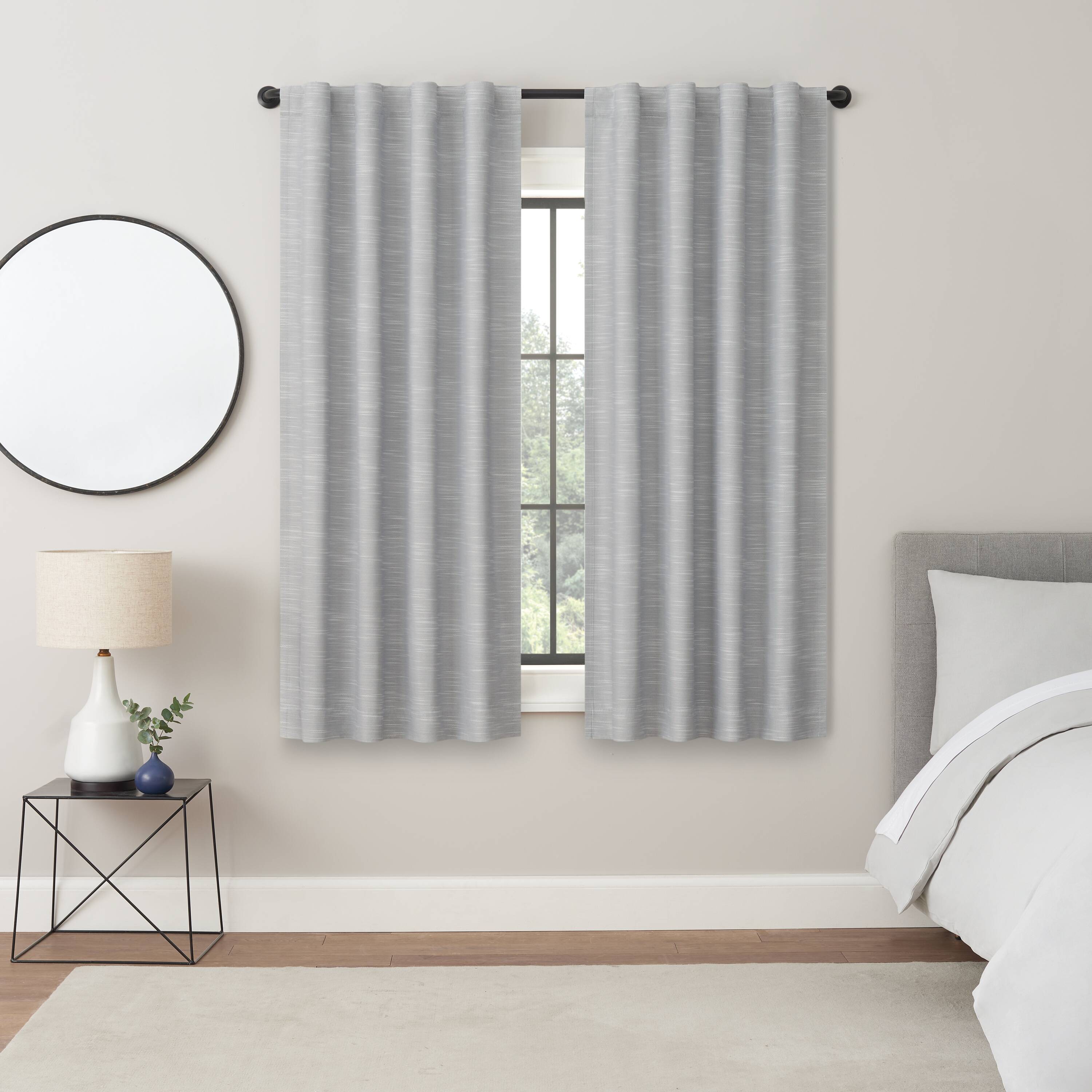 Eclipse 63 in. Pair of Grey Striped Blackout Back Tab Curtain Panels