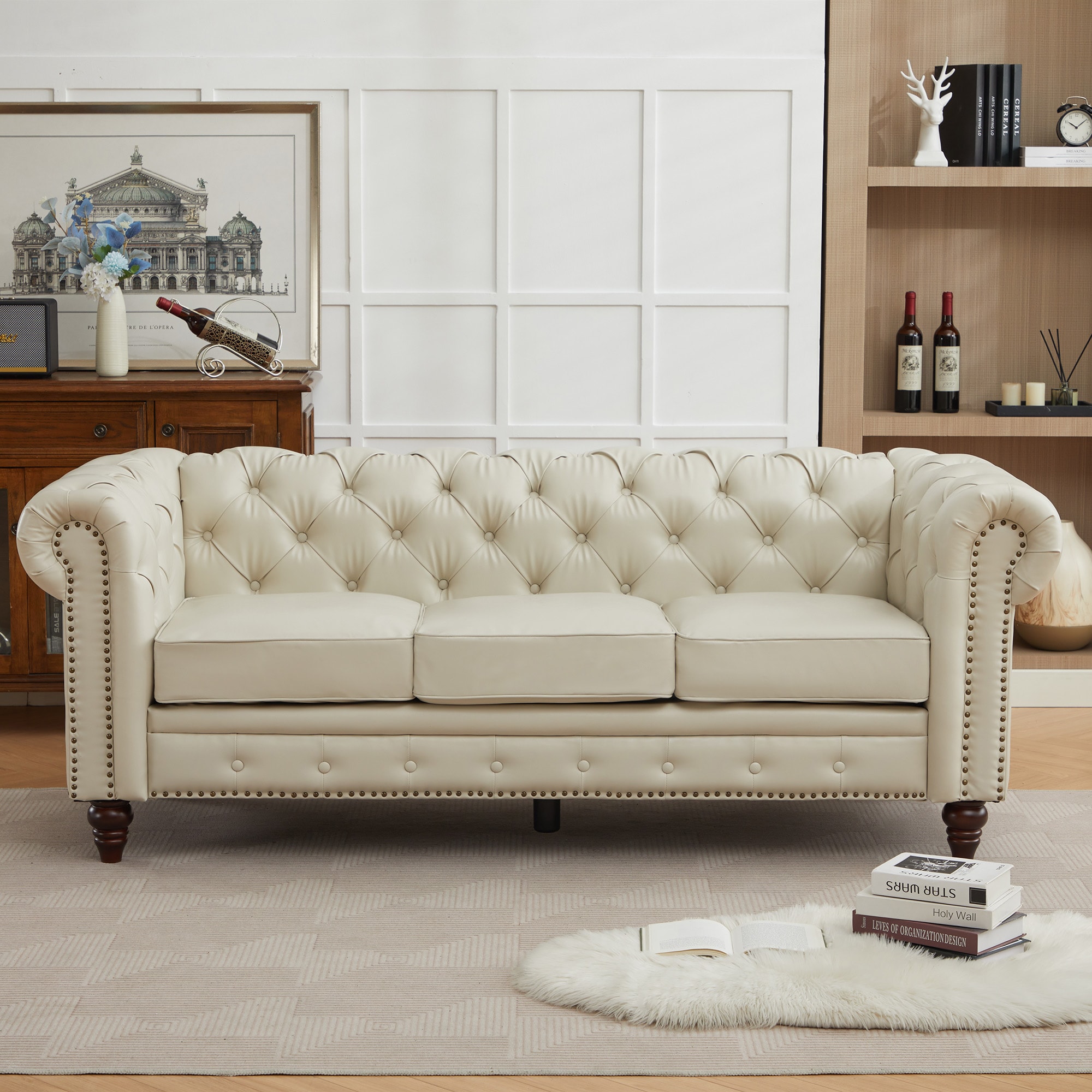 VOUA SAF-RMLC-GY 84.25-in Modern Beige Faux leather Sofa