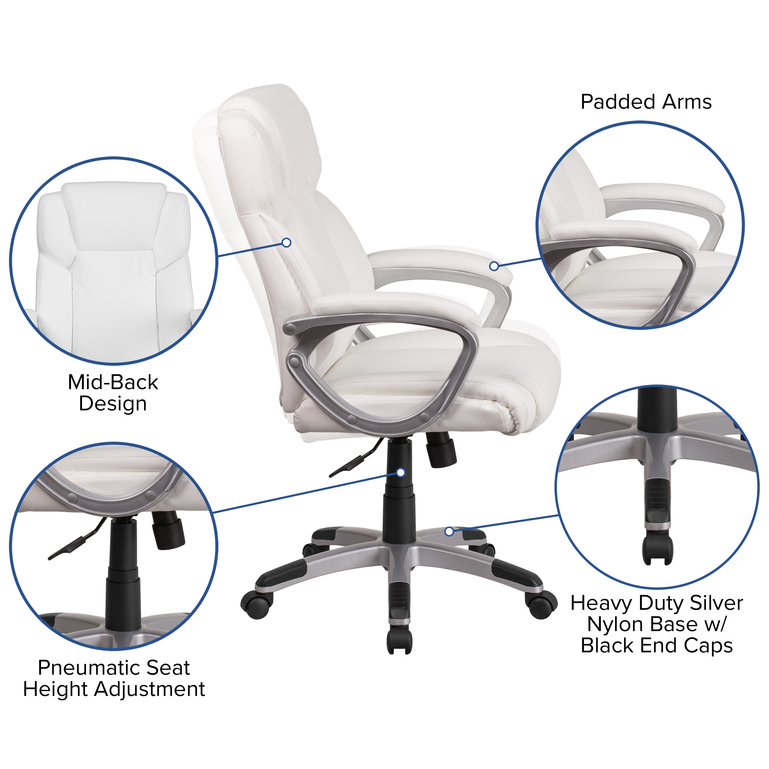 Elegant White LeatherSoft Mid-Back Swivel Office Chair with Padded Arms