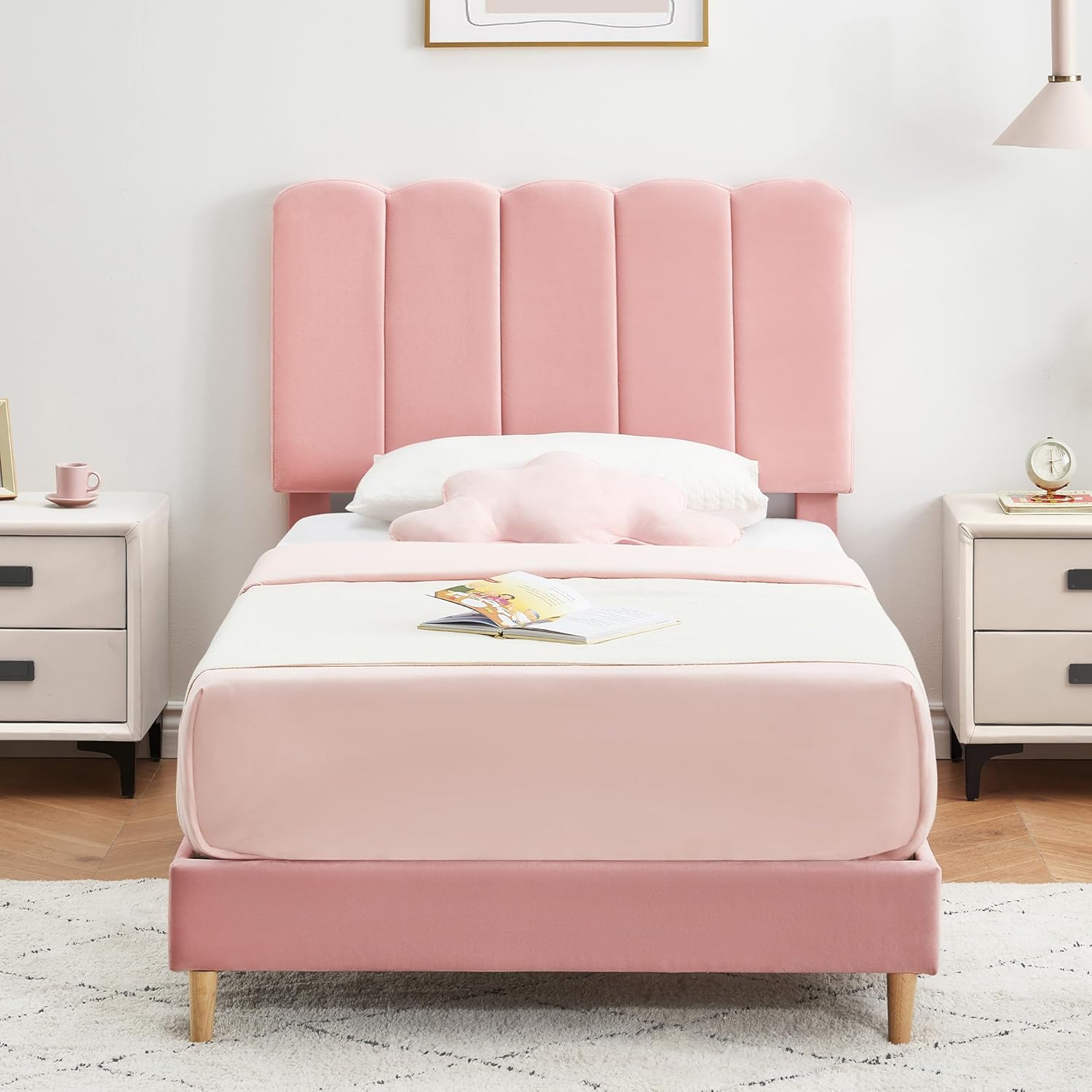 Qeetex YJCJ-PHO-11BIKY10 Modern Twin Platform Bed Frame for Small Spaces-Velvet Upholstered Twin Bed with Headboard-No Box Spring Needed-Easy Assembly-Noise-Free Bed for Apartments(Pink)