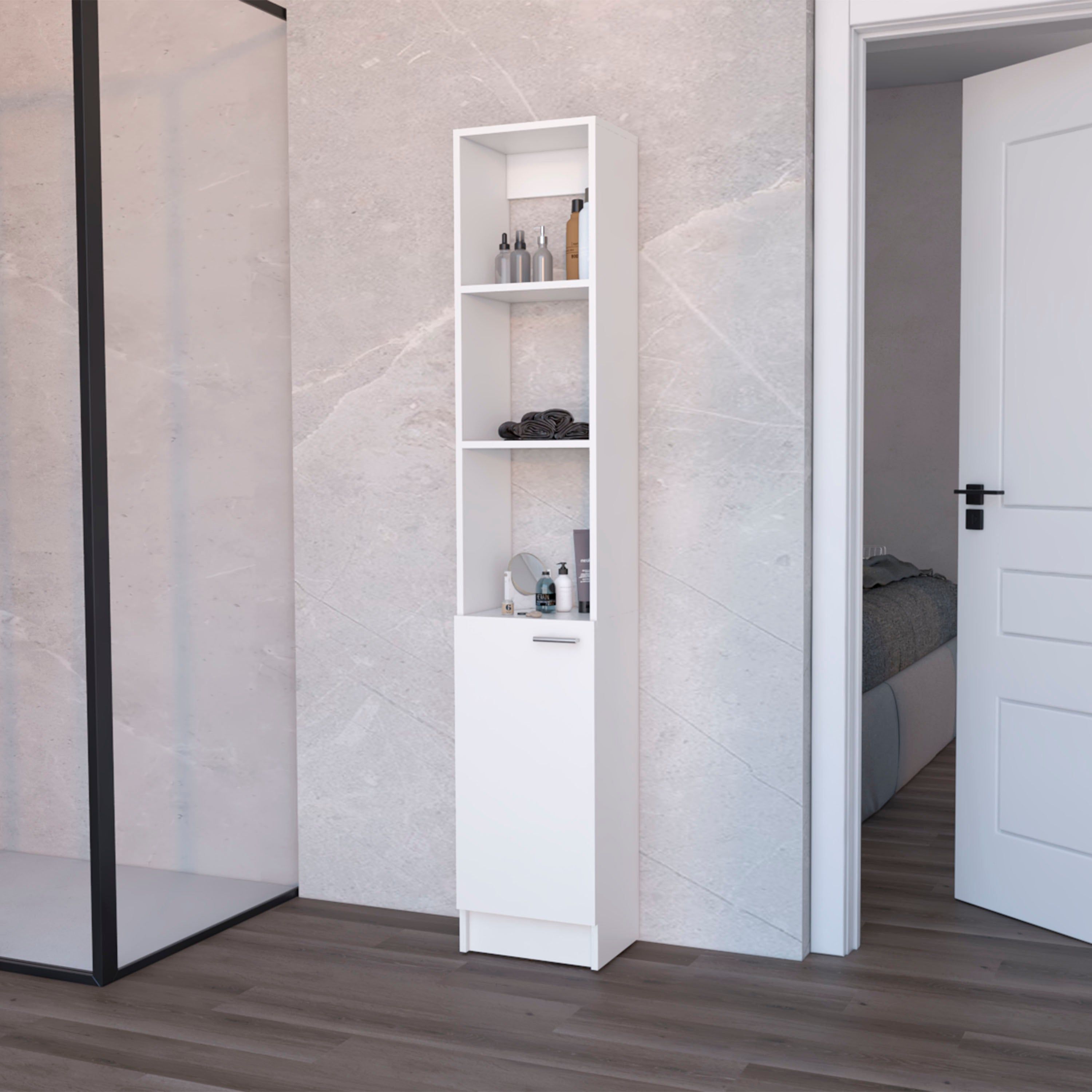 Huluwat Linen Cabinet with 1 door 3 open shelves and 2 hidden shelves