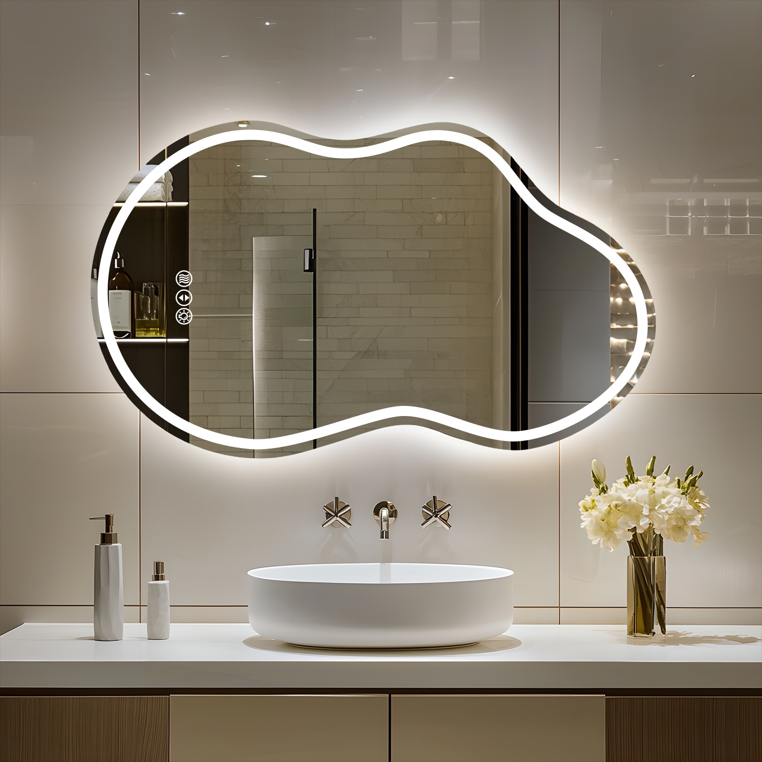 YQP 24x36 Inch UL ETL Certified Cloud Shaped Front + Back Lighted Anti-Fog Tempered Glass Irregular Bathroom Mirror