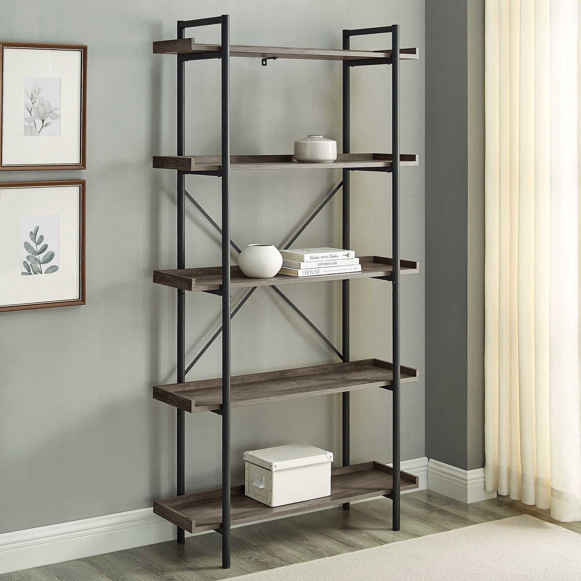 Walker Edison LWS68UPGW Gray Wash Metal 5 -Shelf Bookcase ( 36-in W x 68-in H x 12-in D ) Dark
