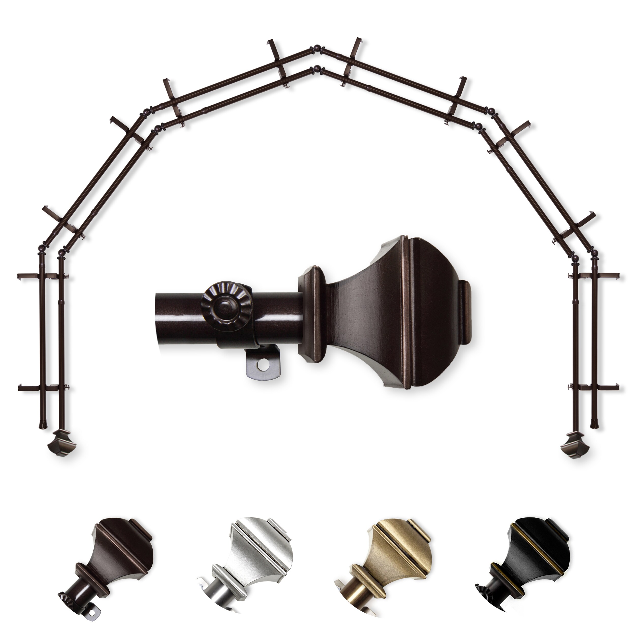 Hart & Harlow L-6BAY-82-7D Pandora 6-Sided Double Bay Cocoa Steel Bay window curtain rod with Finials