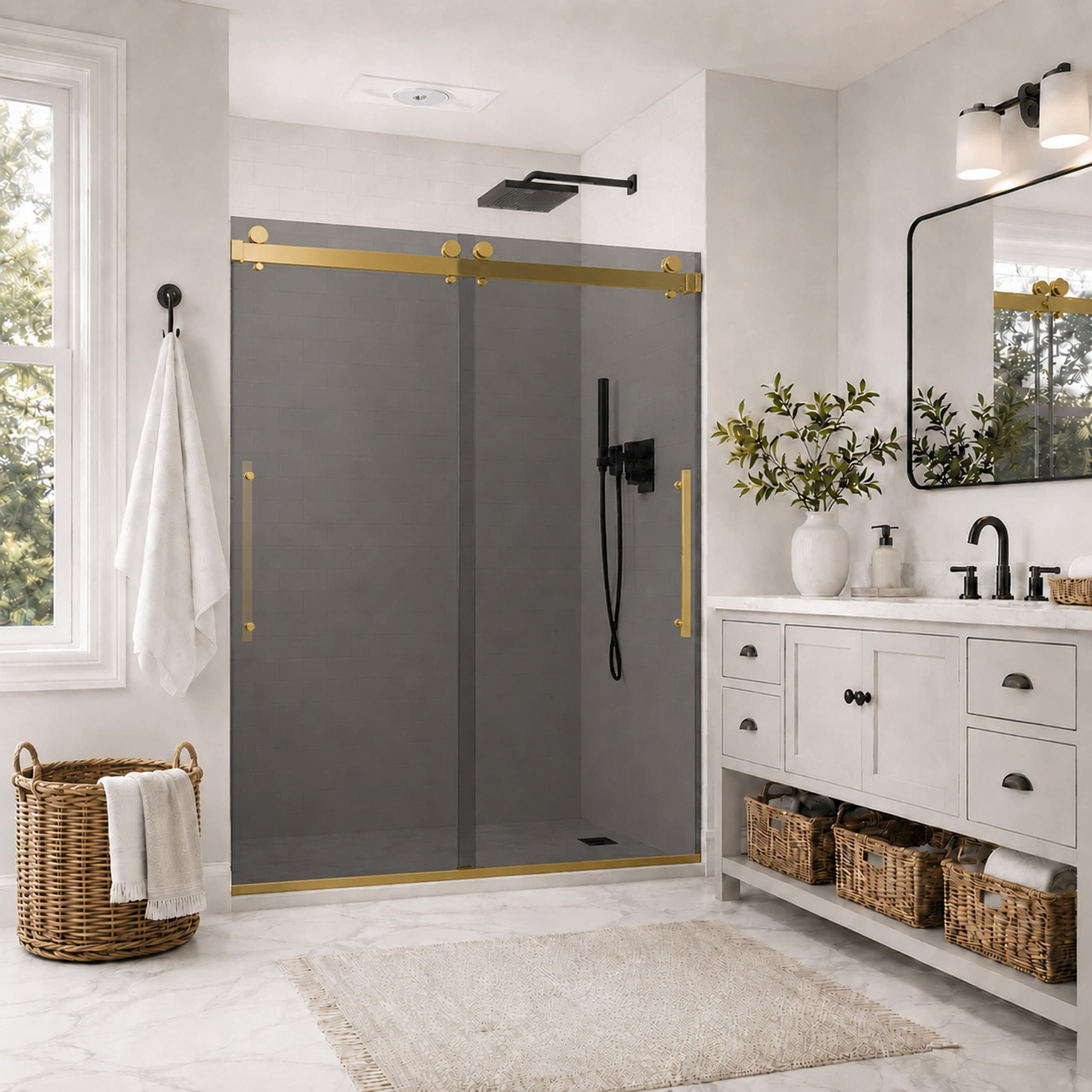 Velusian 56 in. - 60 in. W x 74 in. H Double Sliding Frameless Shower Door in Brushed Gold with Gray Tempered Glass