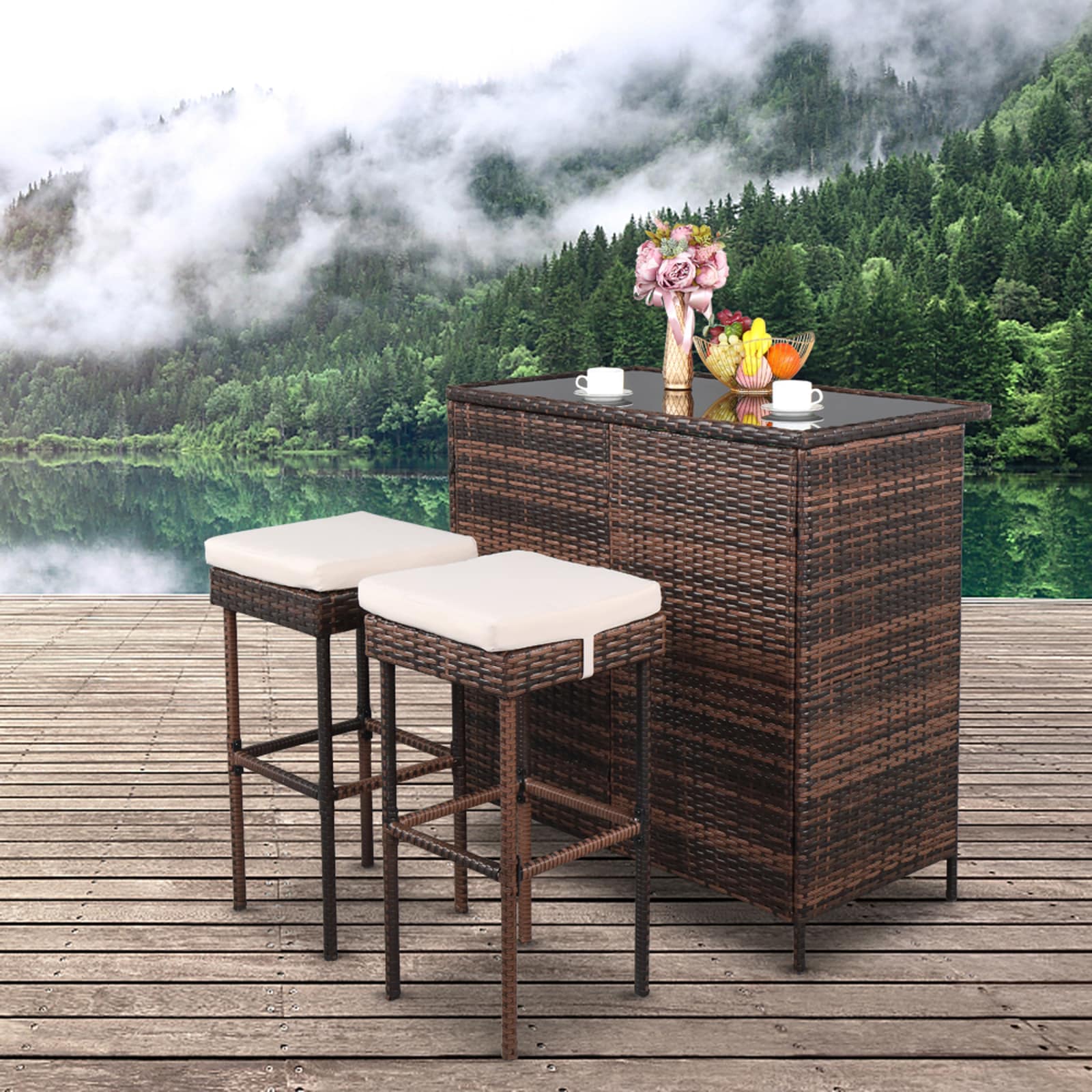 Off-white Cushioned Wicker Barstool Bistro Set with Glass Top Table