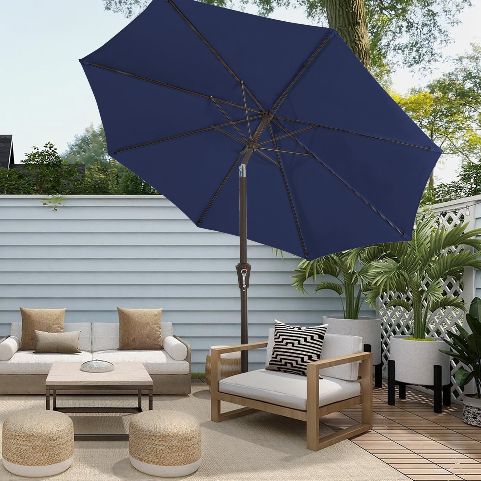 VOUA 6.5ZZS-NA 9-ft Iron Navy Push-button Tilt Market Patio Umbrella with Lights