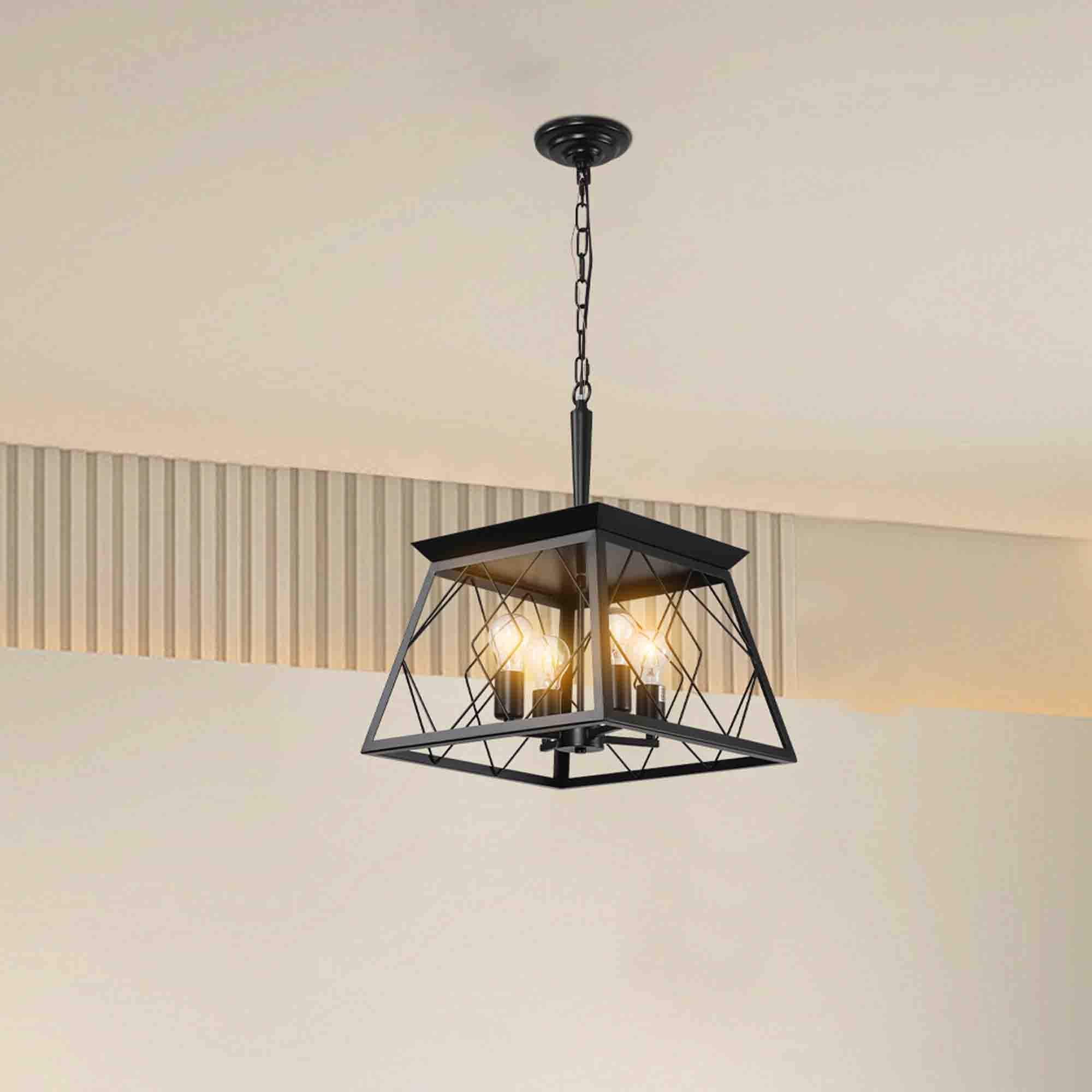 UOI 16 inch Black Iron Industrial 4-Light Pendant Chandelier with Adjustable Hanging Chain
