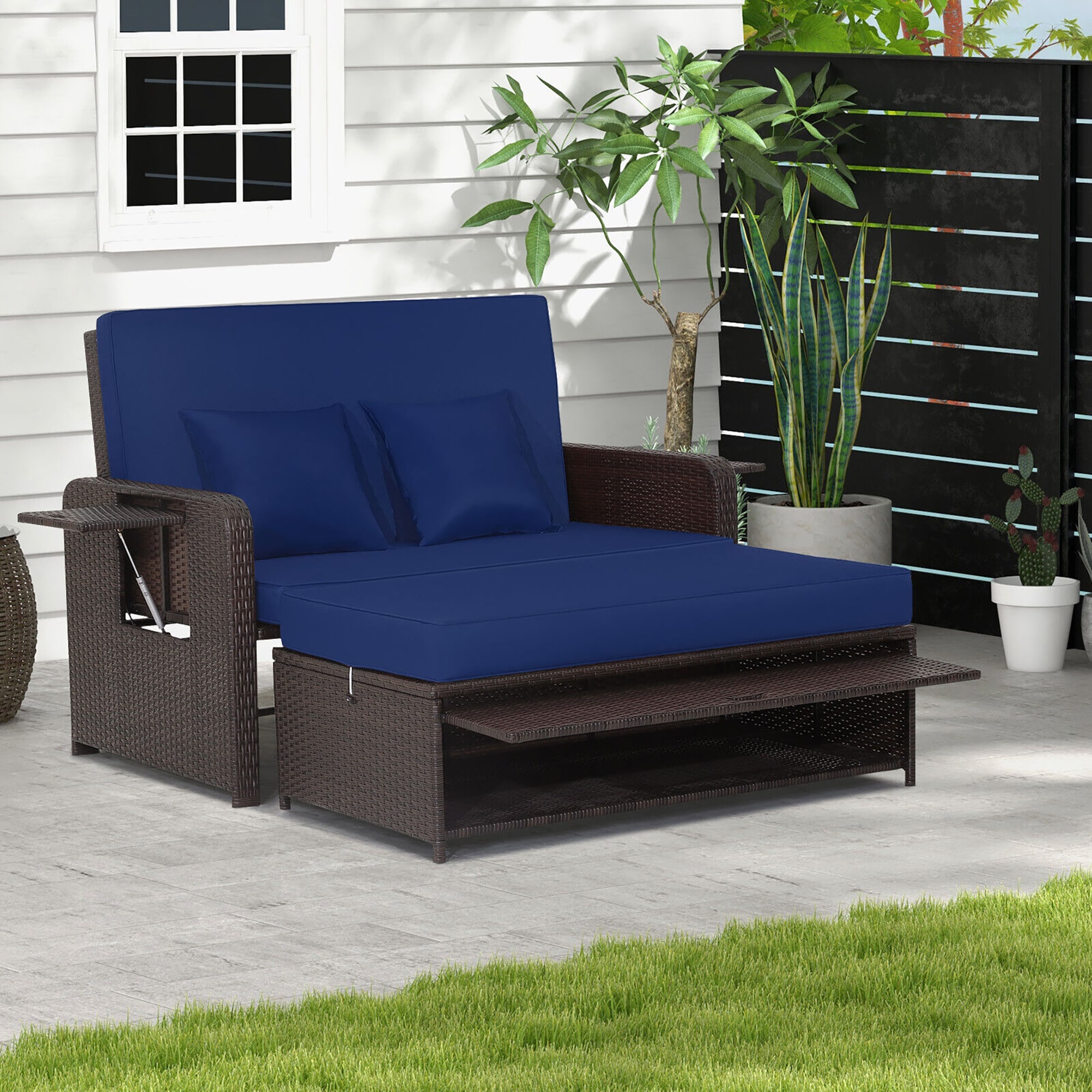 BABOOM BOM-4NY+-CO 3 -Piece Rattan Patio Conversation Set with Blue Cushions