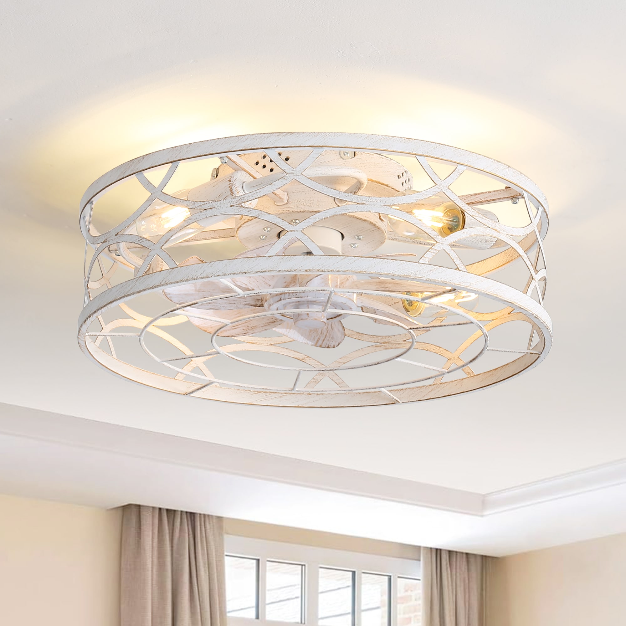 Breezary 30011-WH 18-in Integrated LED Flush Mount Distressed White and Gold with Brushed White Blades Cage Ceiling Fan With Light - Remote Included ( 7 -Blade )