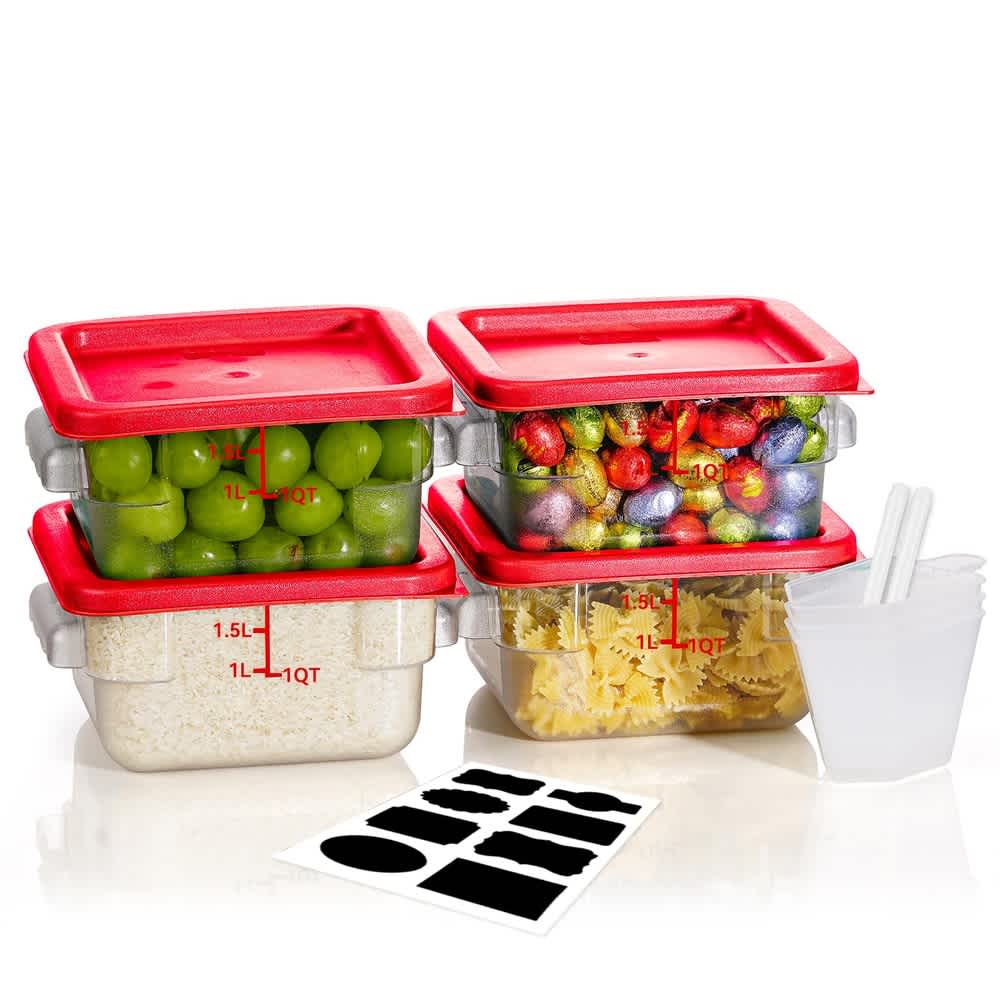 Aoibox  4 Pack 2 Quart NSF Food Storage Containers with Red Lids BPA Free Clear Square Stackable Hot and Cold Safe Includes Labels Marker Cups