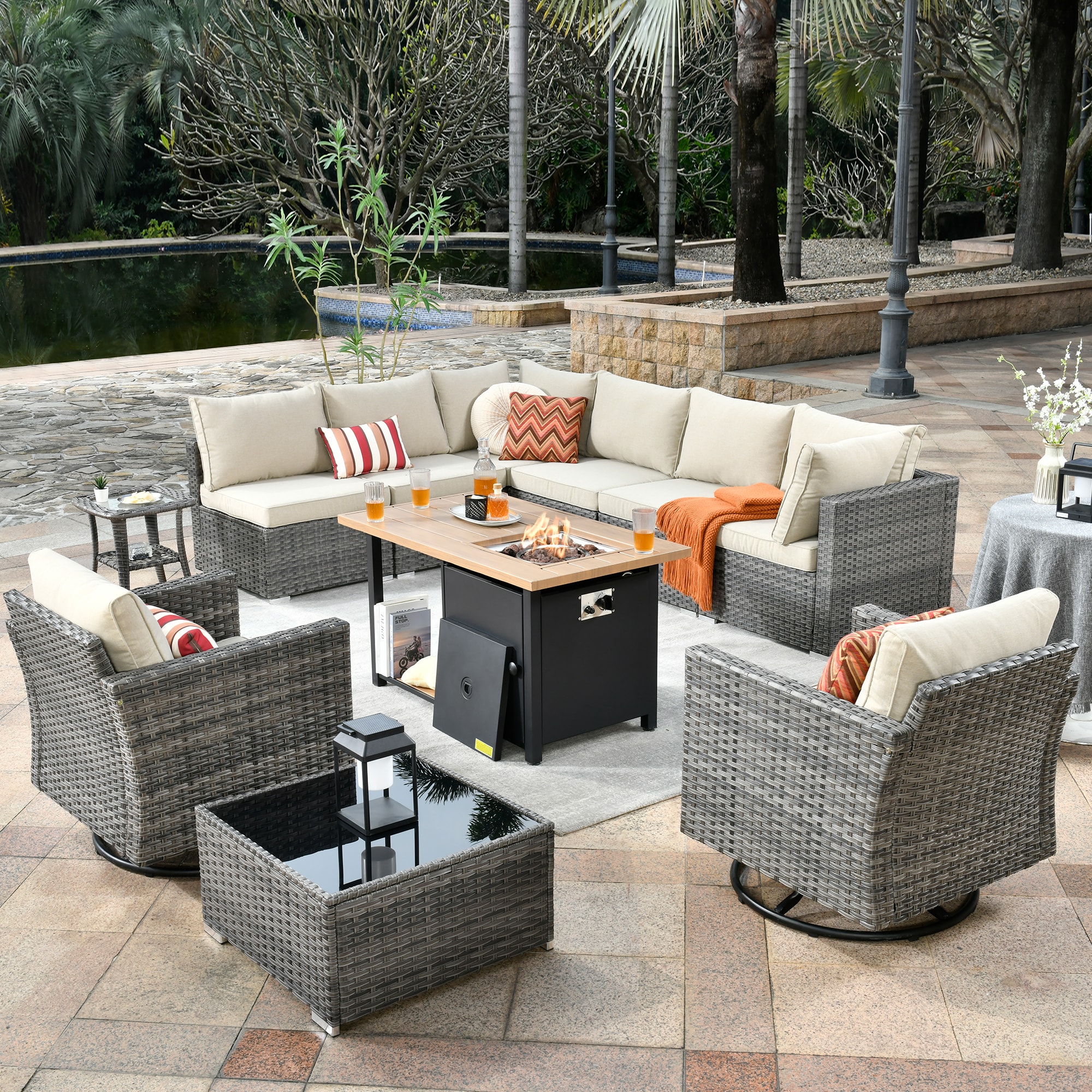 weaxty DDFPRRSGRS6011 Kuuga 11 -Piece Rattan Patio Conversation Set with Off-white Cushions
