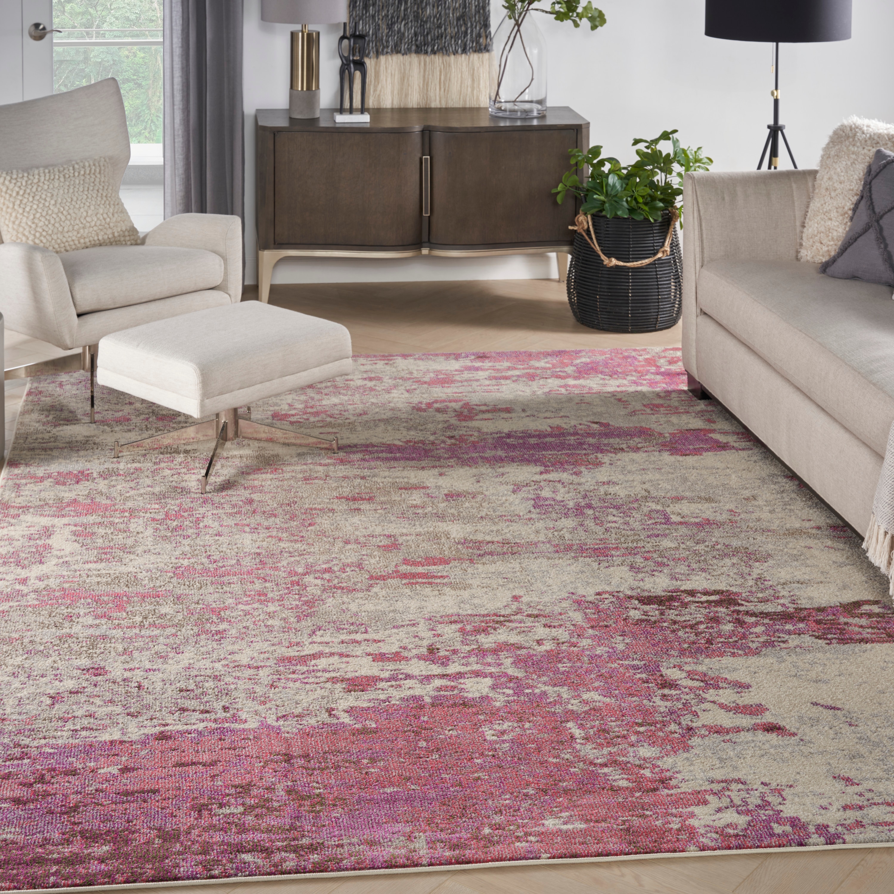 Nourison 99446742414 Celestial 8 x 11 (ft) Loomed Polypropylene Pink Rectangular Indoor Distressed/Overdyed Vintage Area rug
