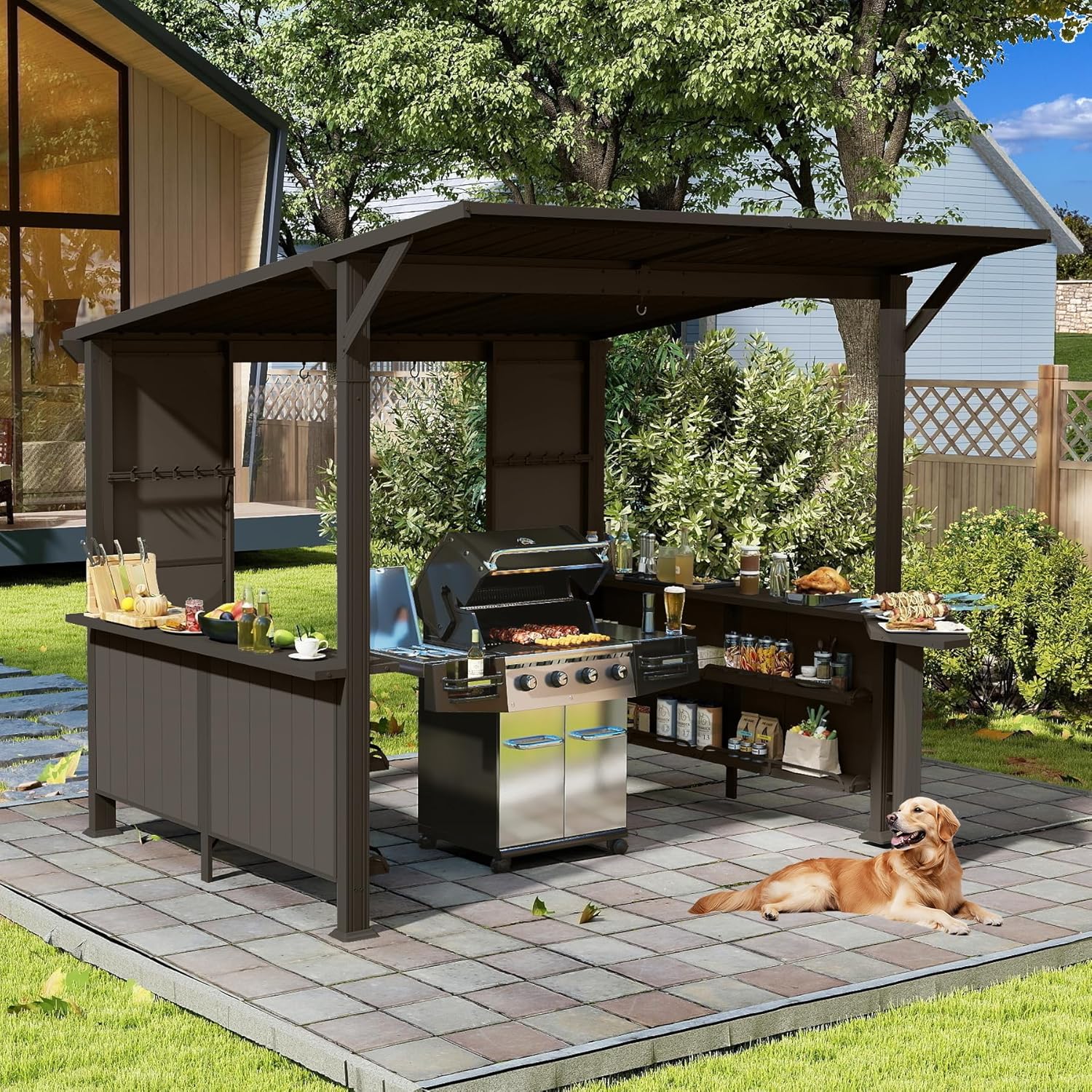Boho Havens - 9 x 10 Foot Hardtop Grill Gazebo / Outdoor BBQ Gazebo with Storage Shelves / Galvan...