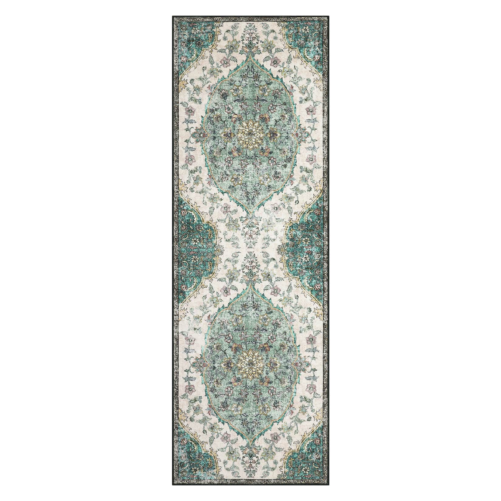 Qeetex LSN-PHK-33GLS7ET 2 x 6 ft Polyester Cashmere Imitation Green Rectangular Hallway Bathroom Entryway Kitchen Office Foldable Flower Printed Persian Washable Area Rug