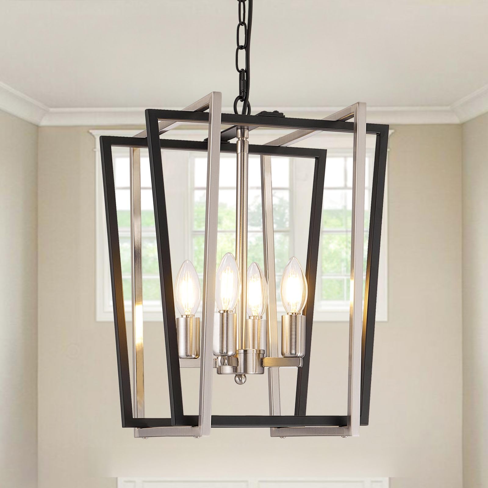 AOIZGMY  4 Light Silver Chandelier Farmhouse Lantern Pendant Lighting Fixtures Industrial Ceiling Light Adjustable Height Rustic Geometric Hanging