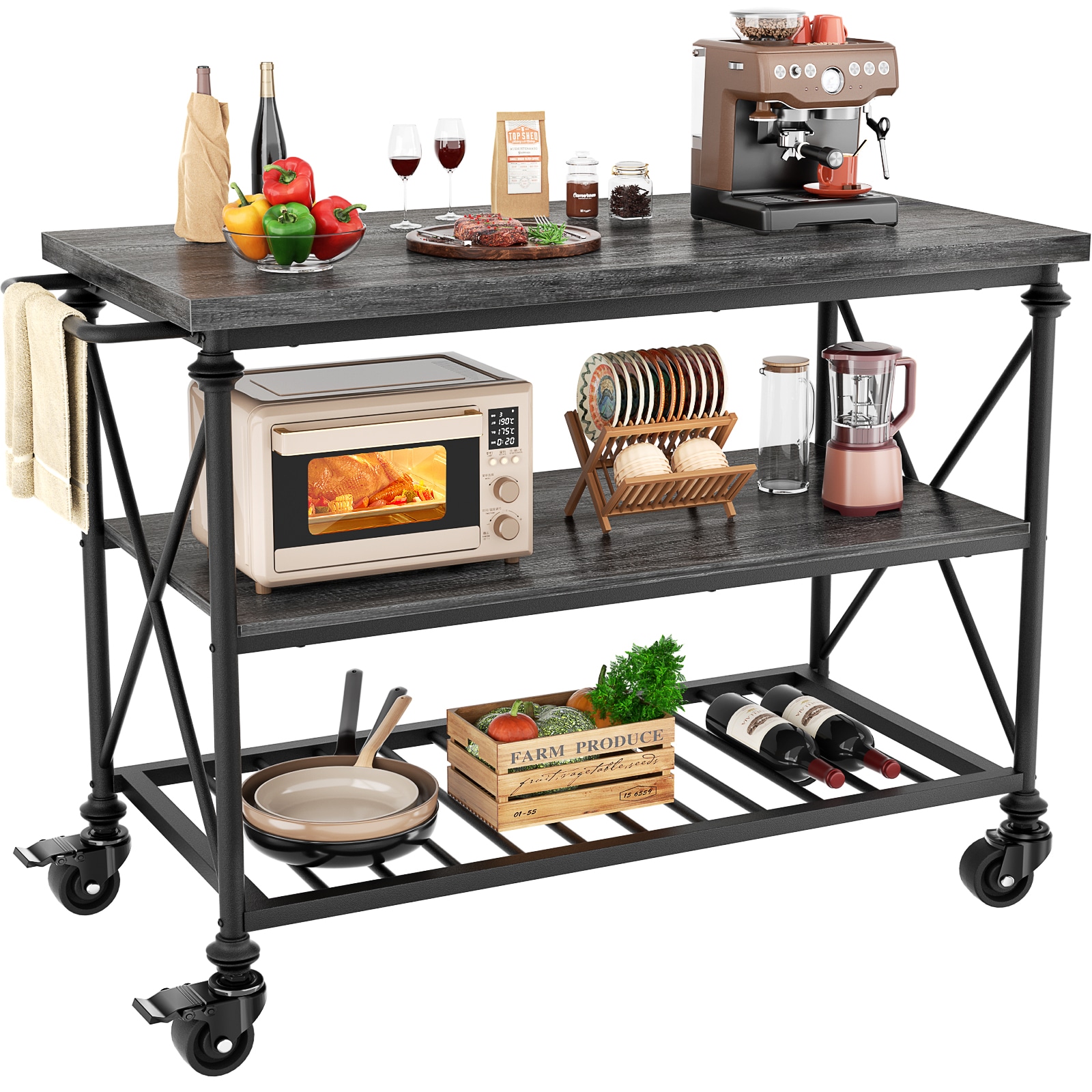 Aheaplus  Black Oak Rolling Kitchen Cart 3-Tier Wood Pipe Legs 39.4-in x 19.7-in x 35.2-in