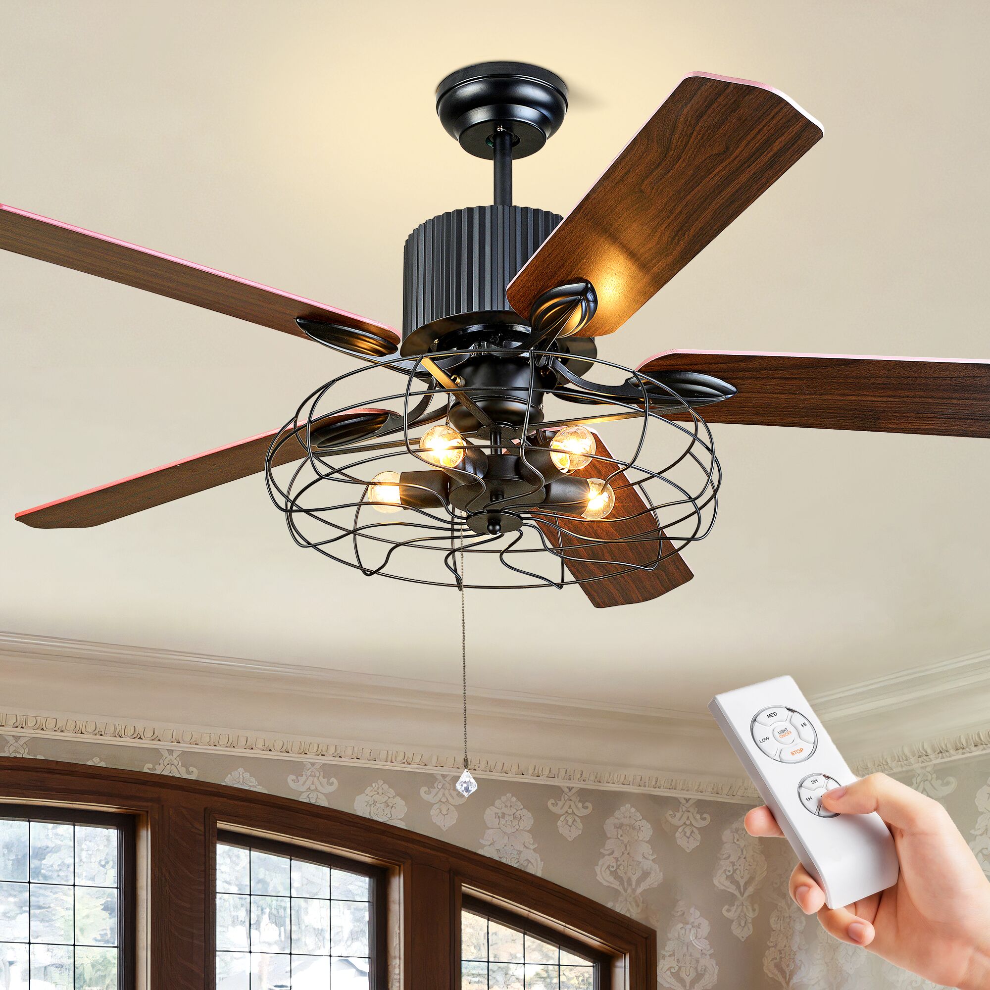 EFPERFECT 52 Inch Industrial Ceiling Fan with Light Vintage Metal Cage 5 Wood Blades Remote Control 3 Speed #DS-TT79