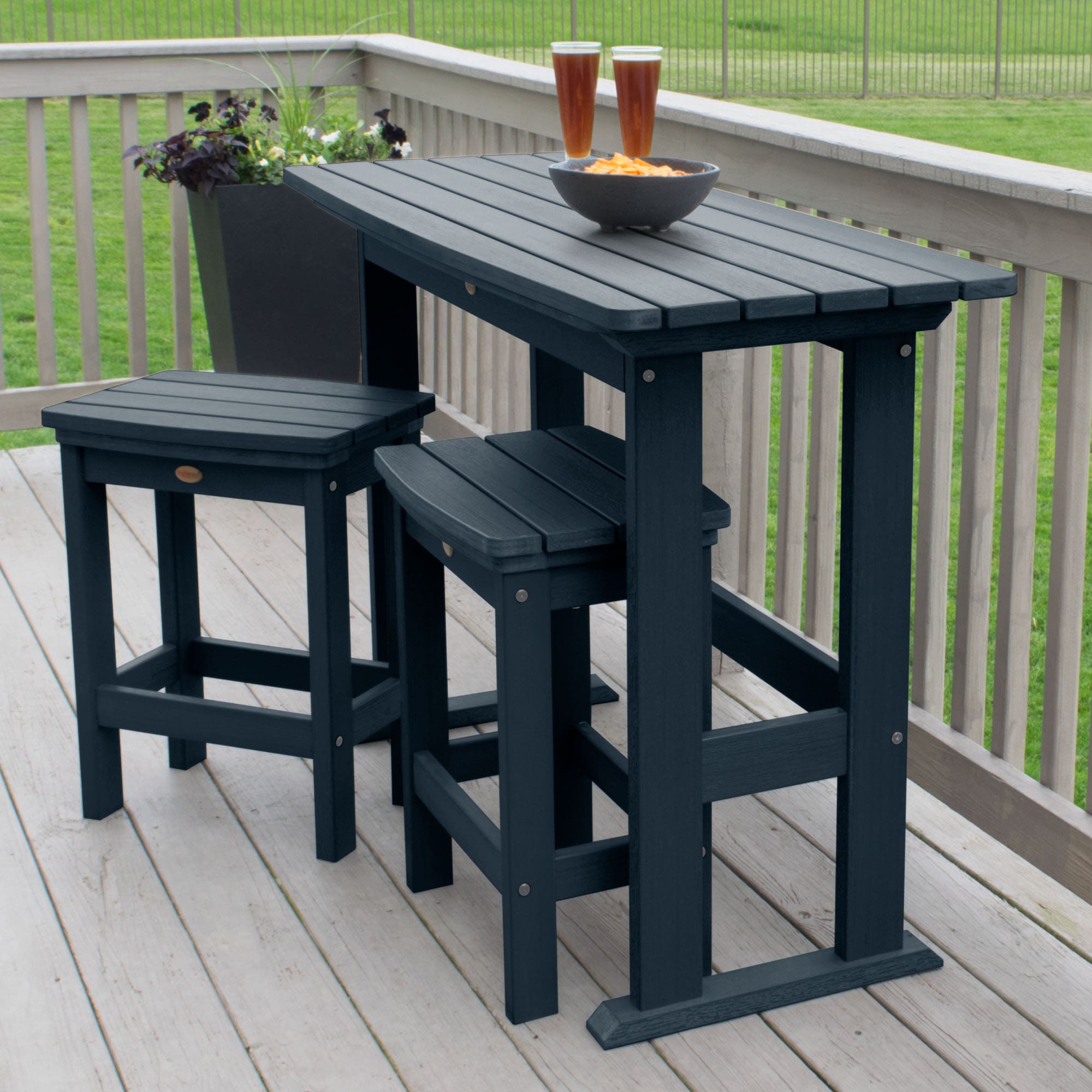 highwood AD-KITBALC1-FBE The Lehigh 3 -Piece Federal Blue Bistro Patio Dining Set Plastic Rectangle Table with 2 Stationary Chairs