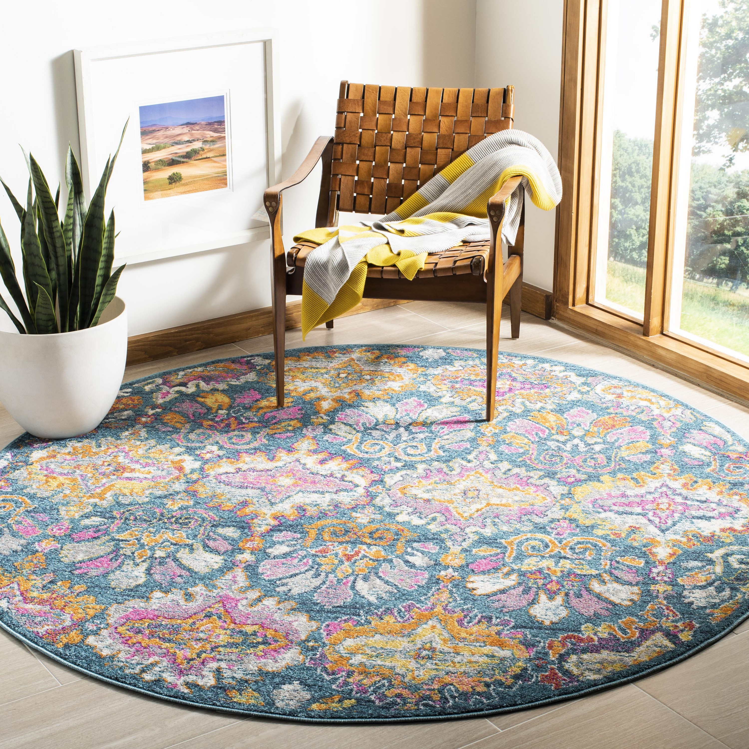 Safavieh MAD144A-7R Madison Merritt 7 x 7 (ft) Loomed Polypropylene Blue/Orange Round Indoor Bohemian/Eclectic Area rug