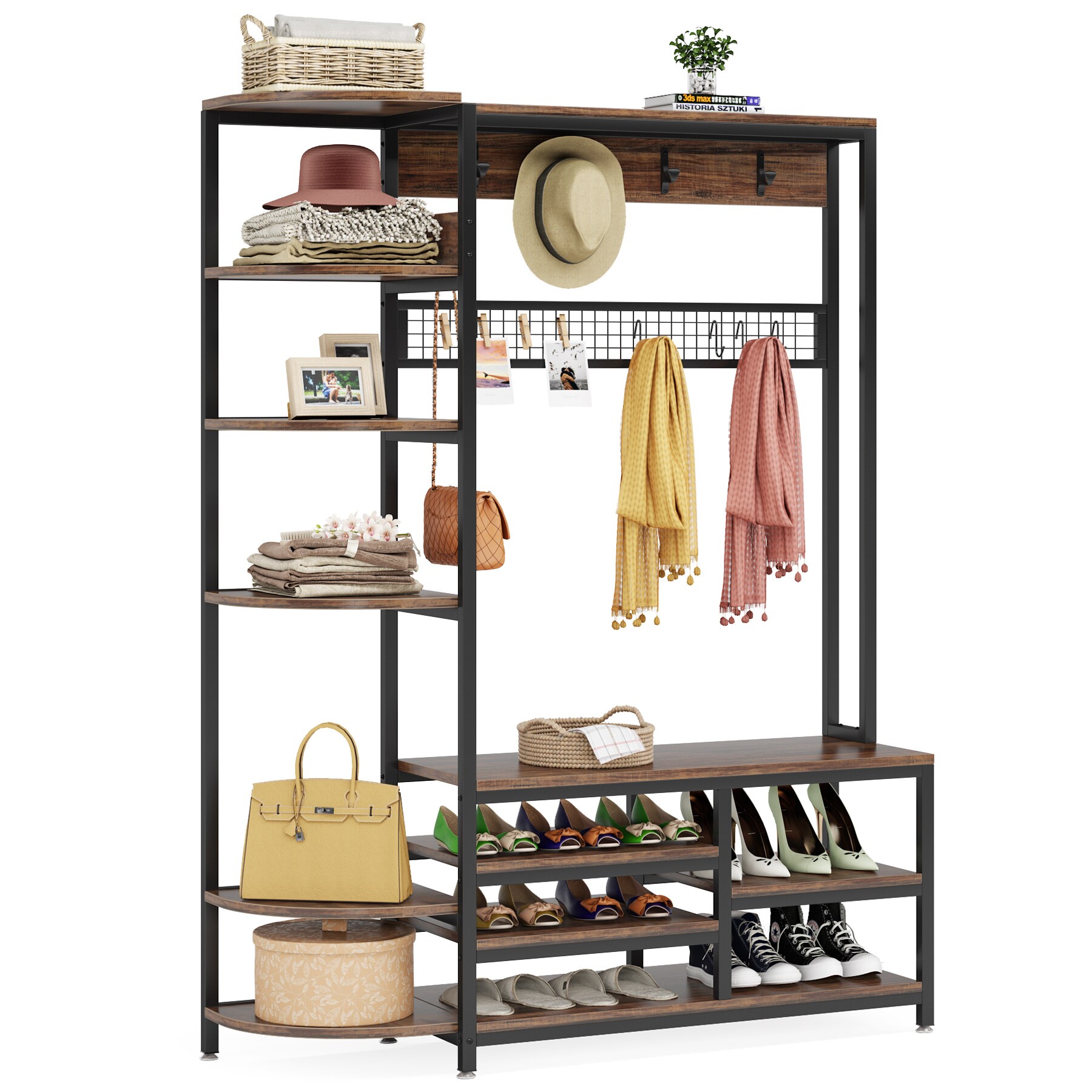 Tribesigns Industrial [Shoe] [Rack] [Bench] with Coat [Rack] Set With Hall  Tree, 3 Storage Cubbies, 7 Hooks for Entryway, Hallway, 5-in-1Design