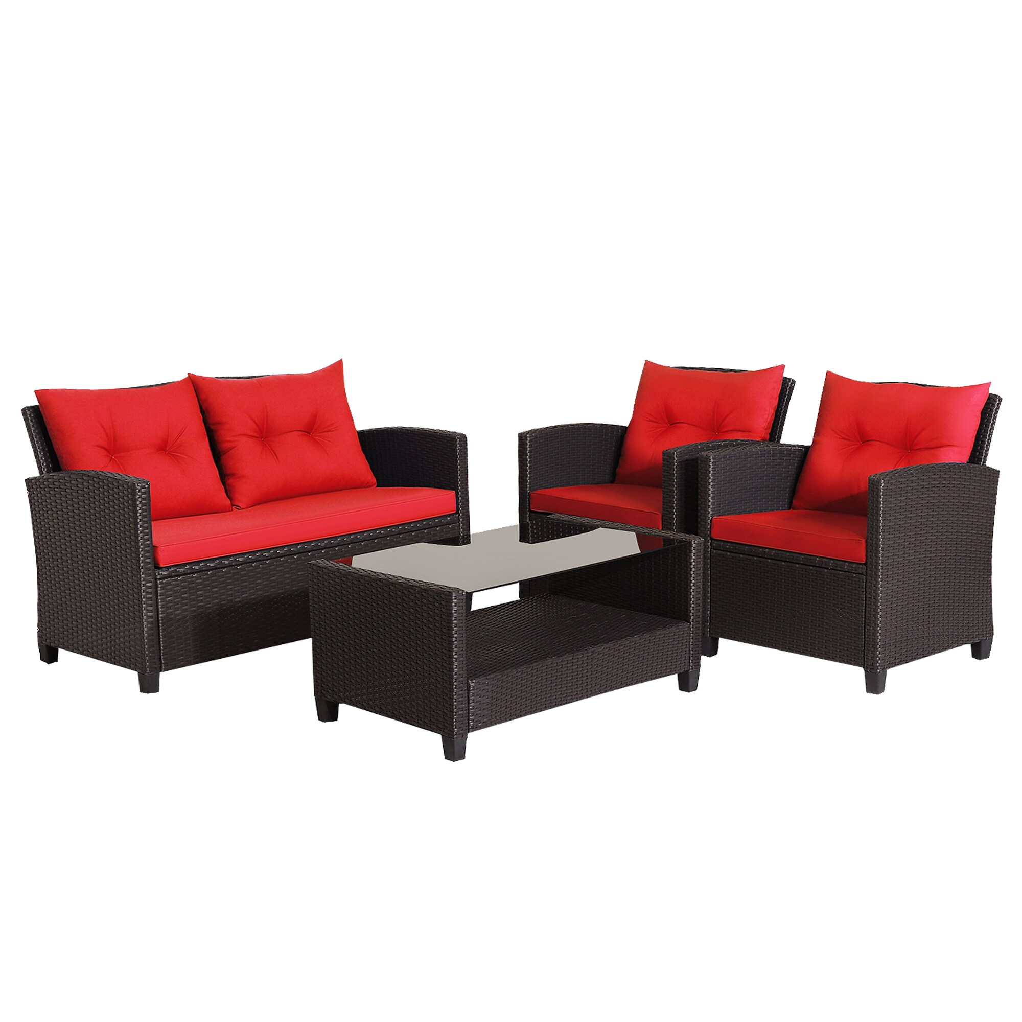 WELLFOR OUJ66742RE+ CW 4 PCS Conversation Set 4 -Piece Rattan Patio Conversation Set with Red Cushions