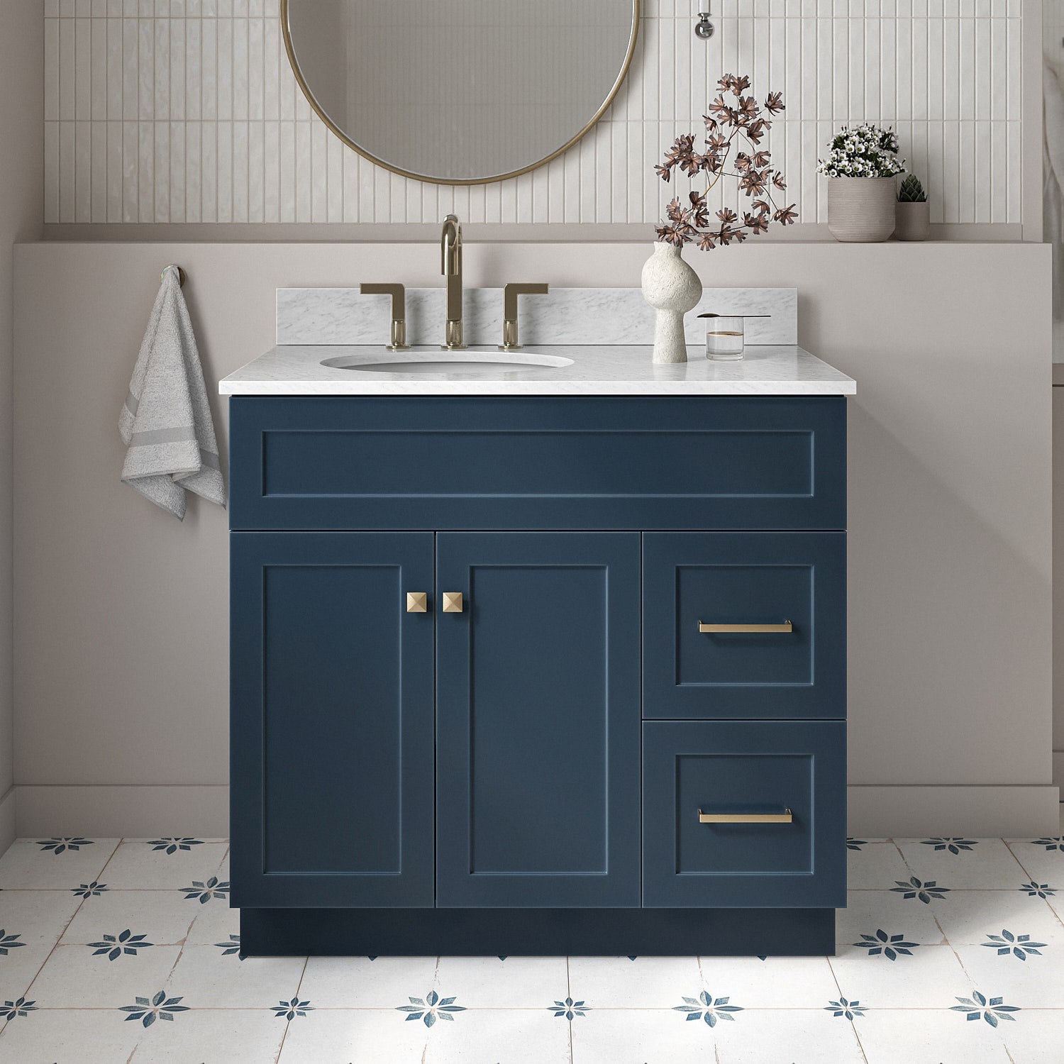 ARIEL F037SLCW2OVOMNB Hamlet 37-in Midnight Blue Undermount Single sink Bathroom Vanity with 0.75" Carrara White Marble Natural marble Top